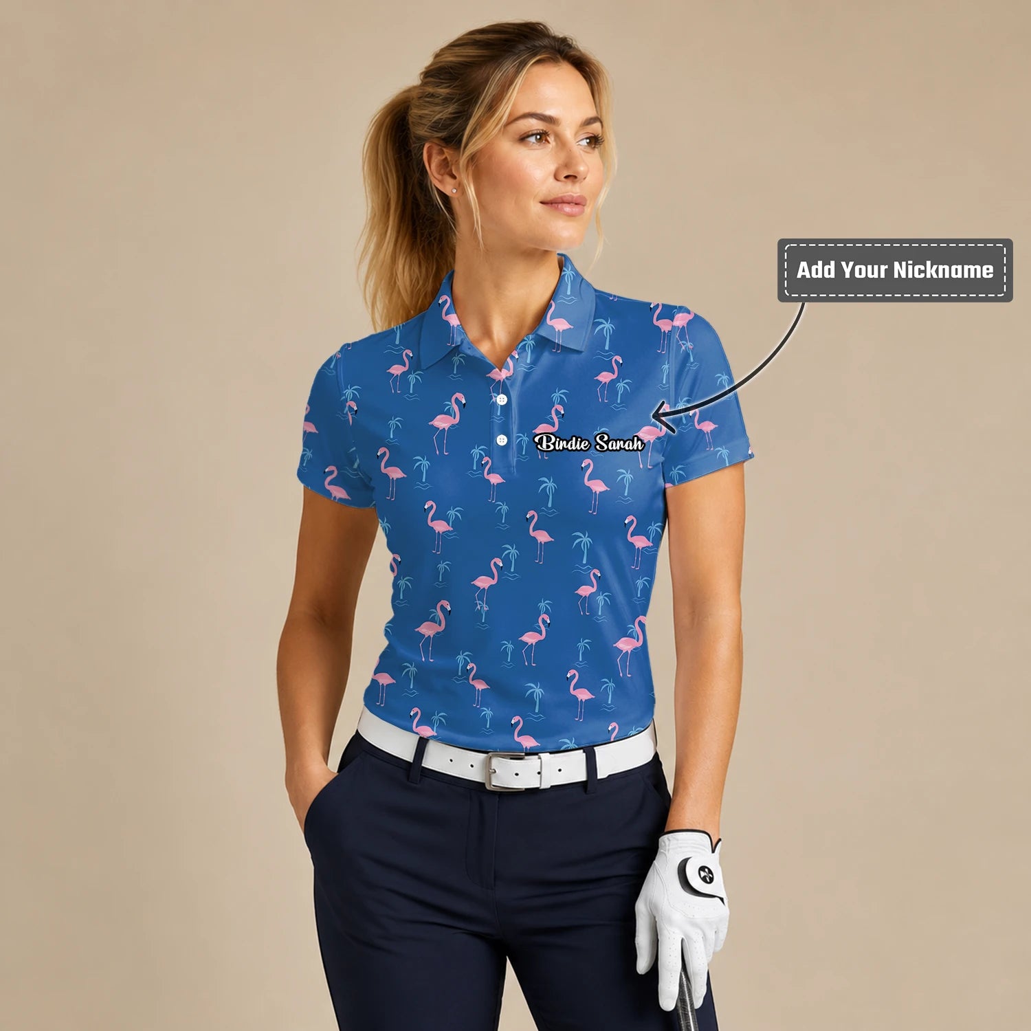 Personalised Blue Pink Flamingo Palm Golf Polo Shirt For Women C8068