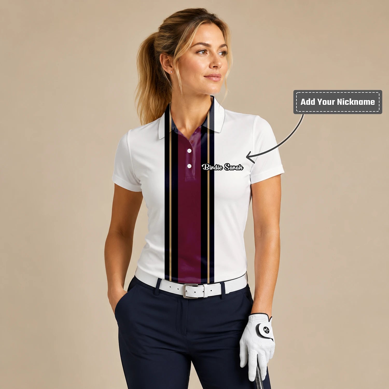 Personalised White Burgundy Black Racing Stripe Golf Polo Shirt For Women G7028