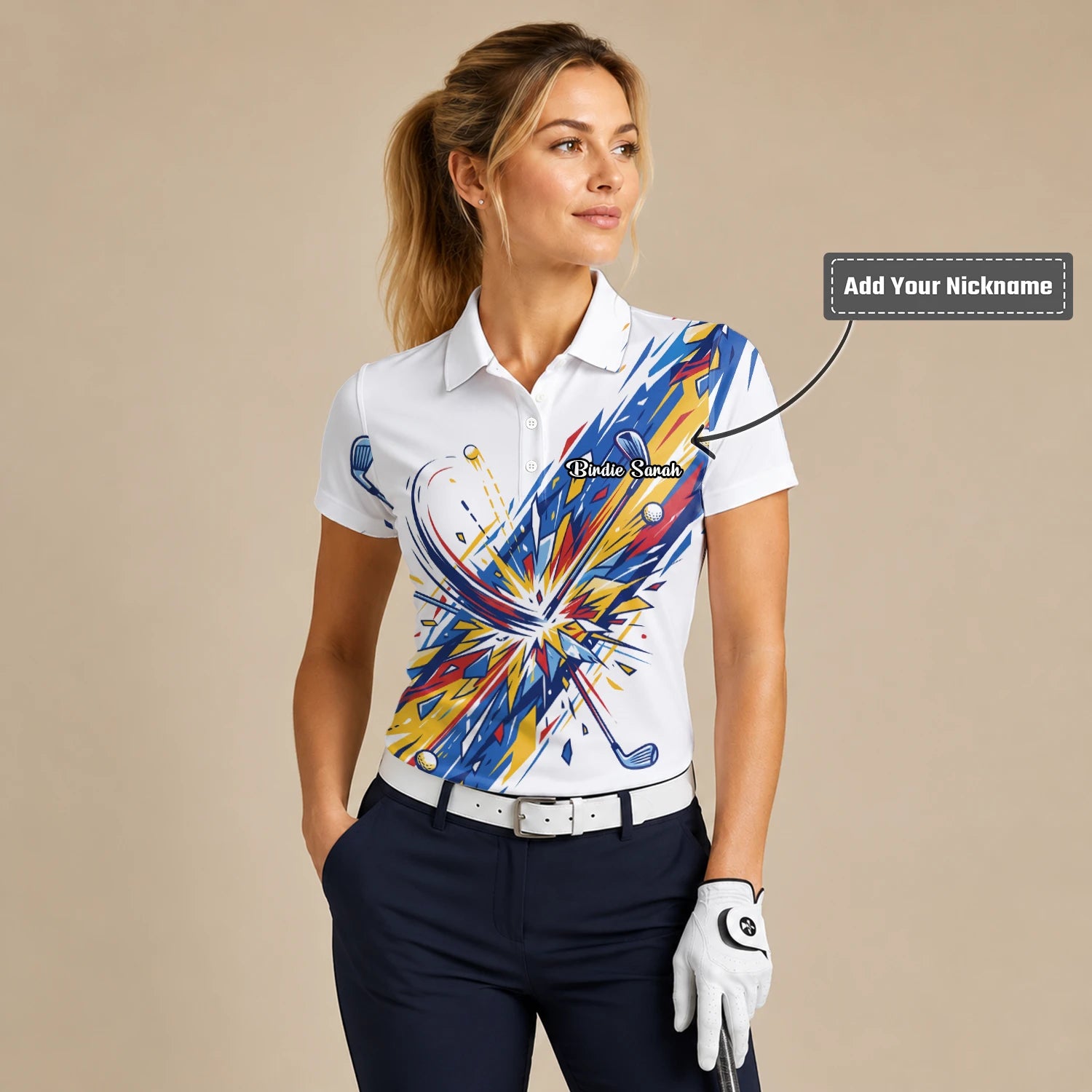 Personalised White Blue Abstract Golf Swing Burst Golf Polo Shirt For Women B2869