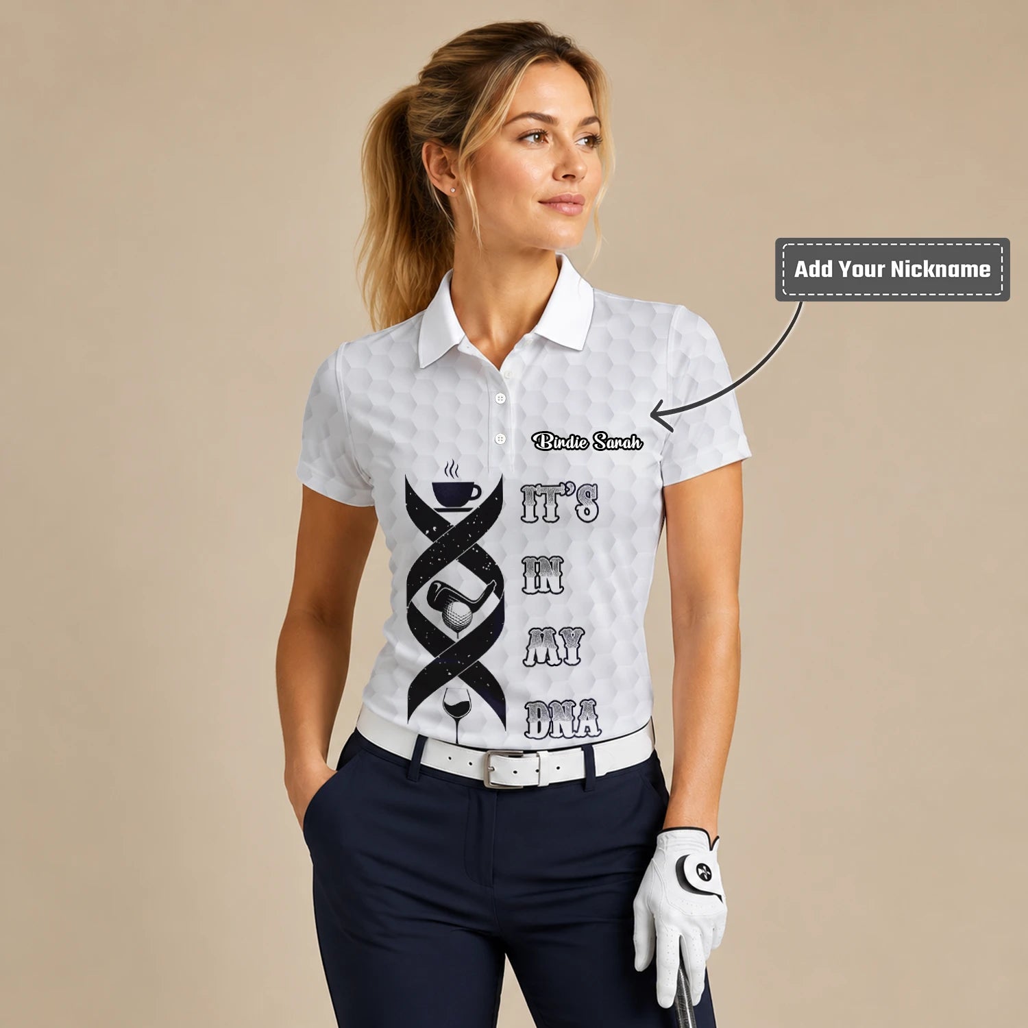 Personalised White Golf In My DNA Slogan Golf Polo Shirt For Women W3018