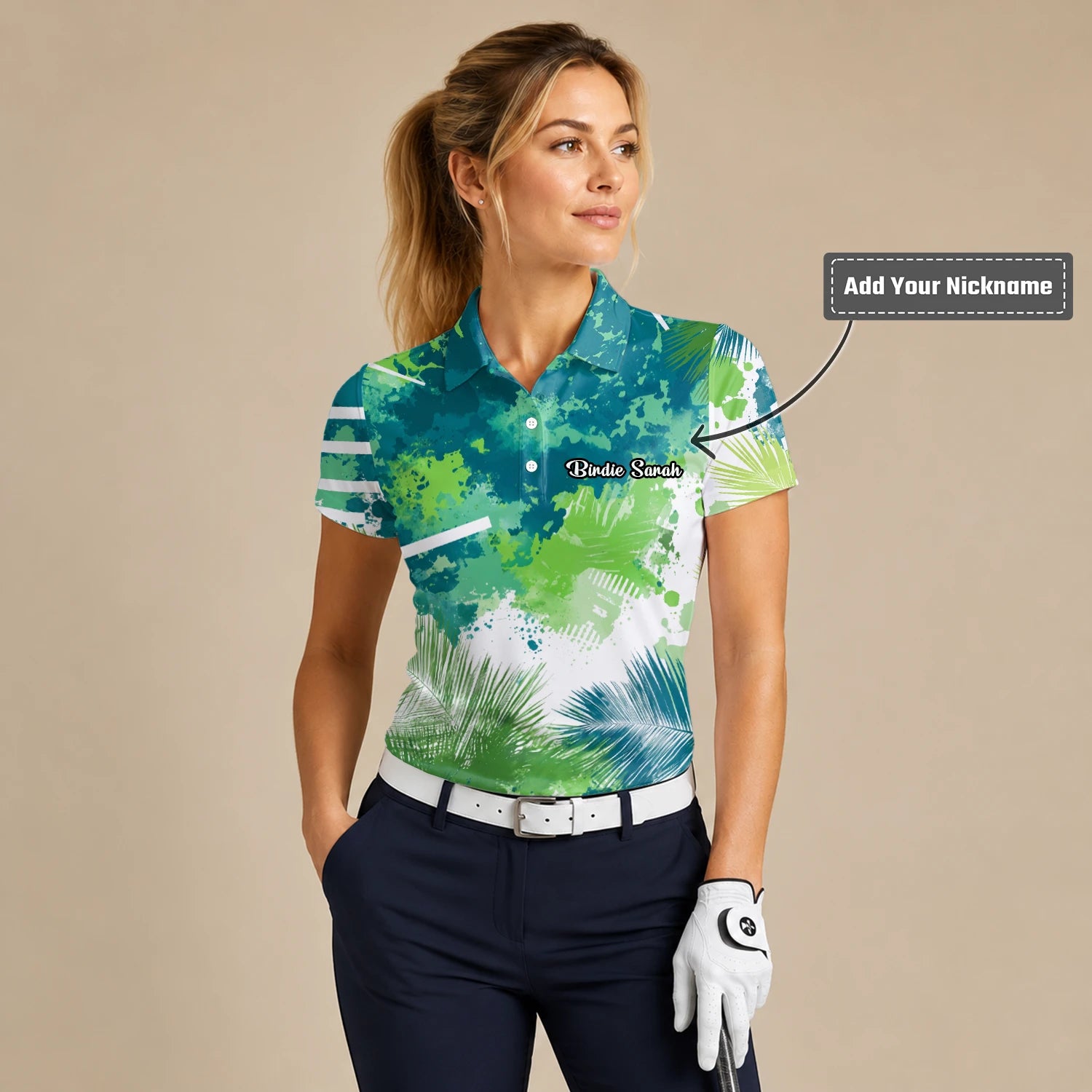 Personalised Green Blue Tropical Leaf Paint Splash Golf Polo Shirt For Women B7869