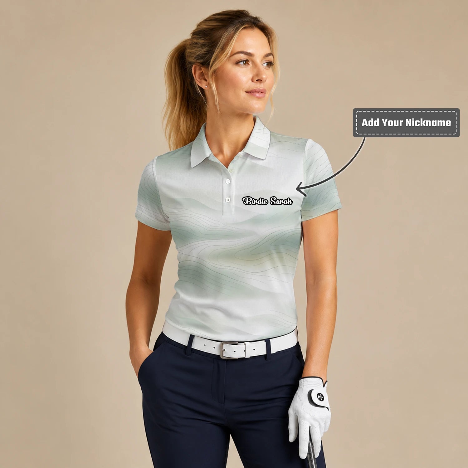 Personalised White Sage Green Abstract Wave Golf Polo Shirt For Women F8070