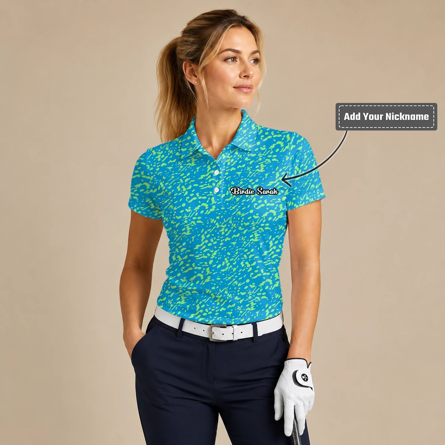 Personalised Turquoise Lime Paint Splatter Golf Polo Shirt For Women G8287
