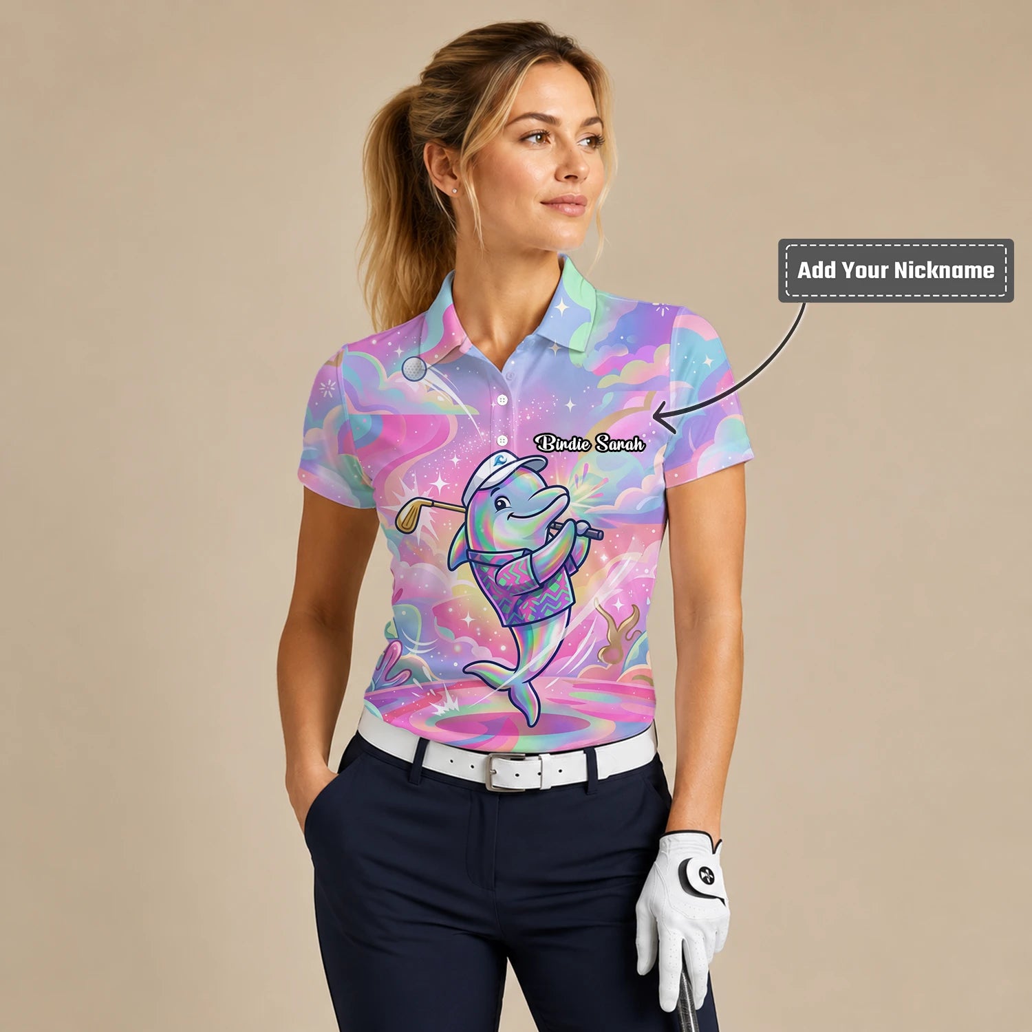 Personalised Pastel Rainbow Dolphin Golfer Cartoon Golf Polo Shirt For Women L3862