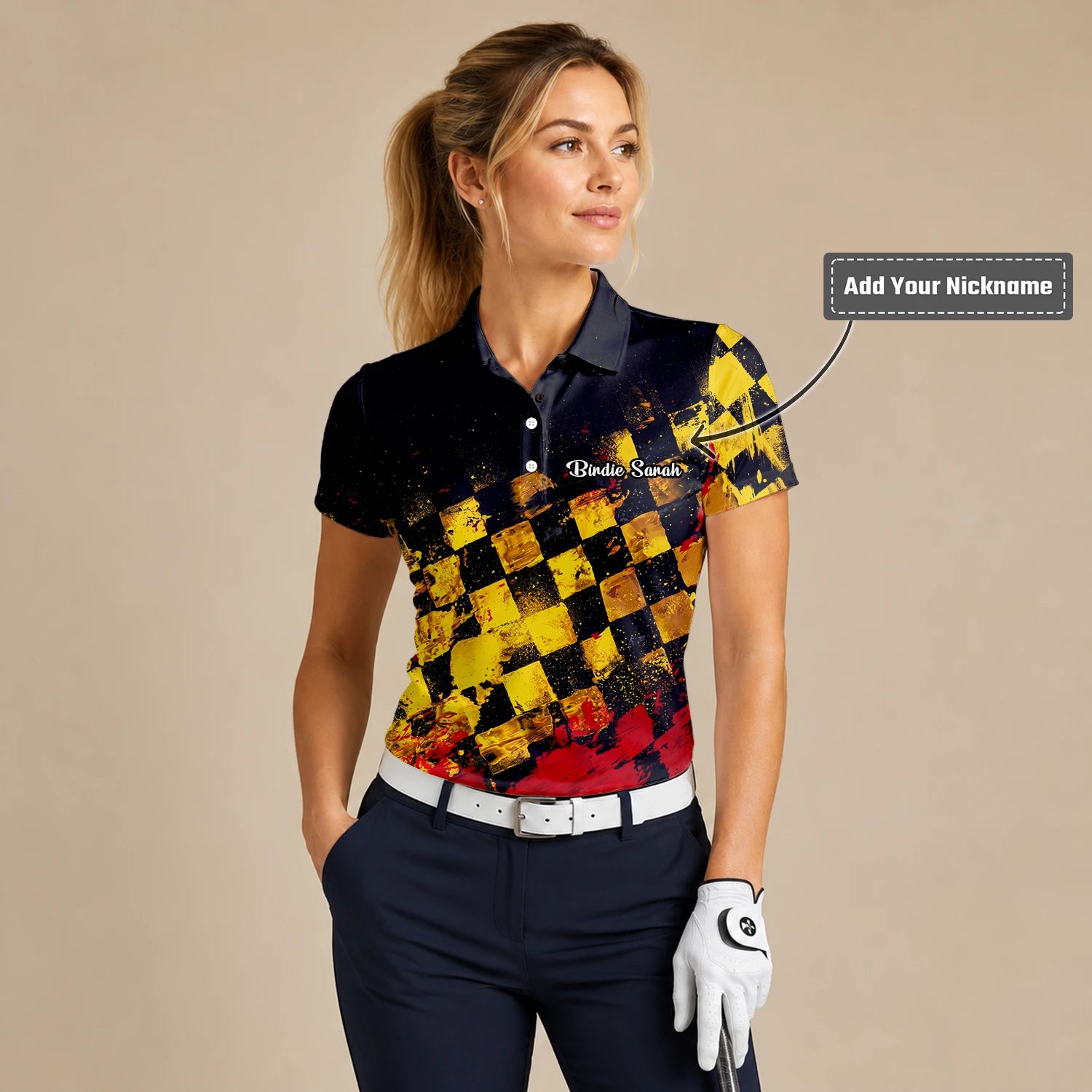 Personalised Black Yellow Red Grunge Checkerboard Golf Polo Shirt For Women R0396