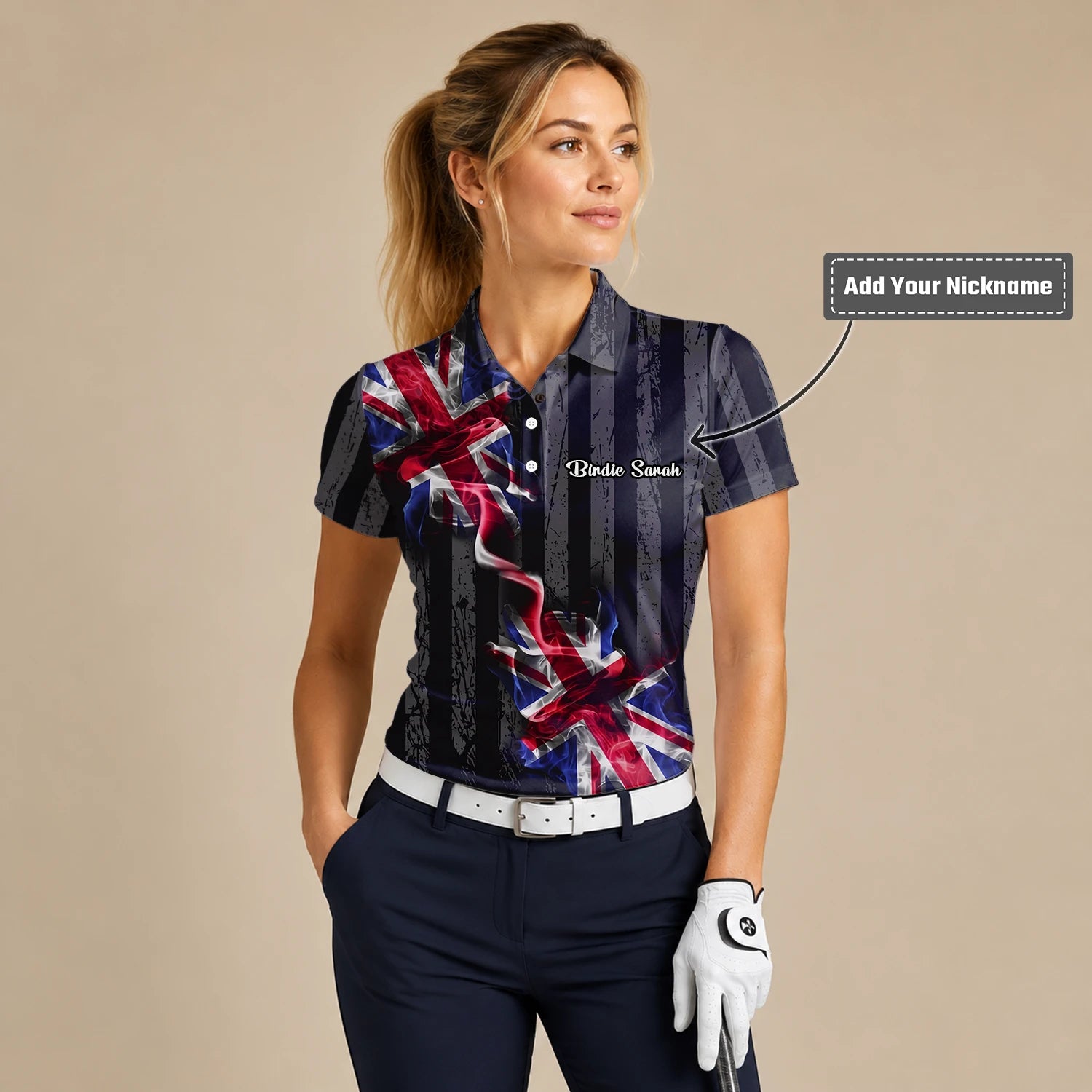 Personalised Black Union Jack Lightning Golf Polo Shirt For Women U9443