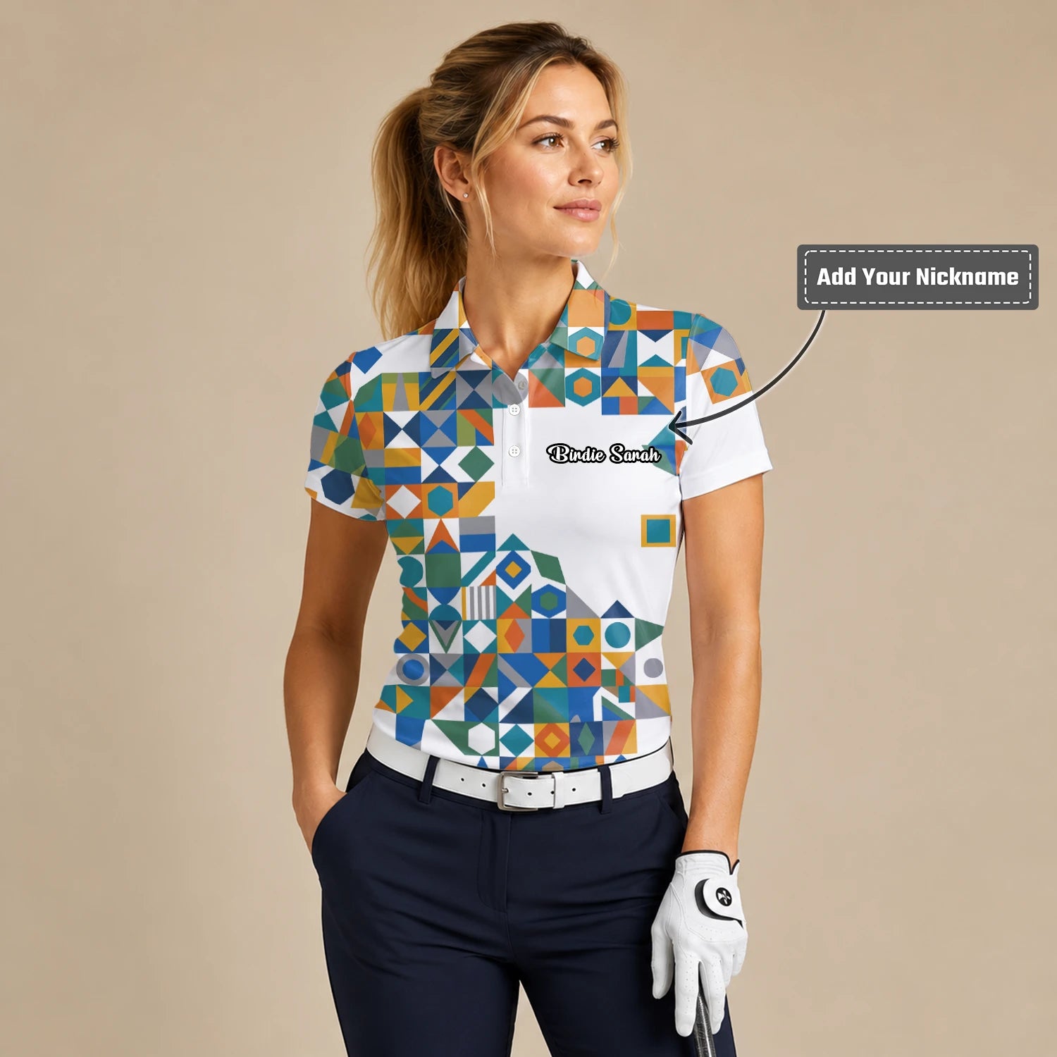 Personalised White Teal Orange Geometric Patchwork Golf Polo Shirt For Women K5362