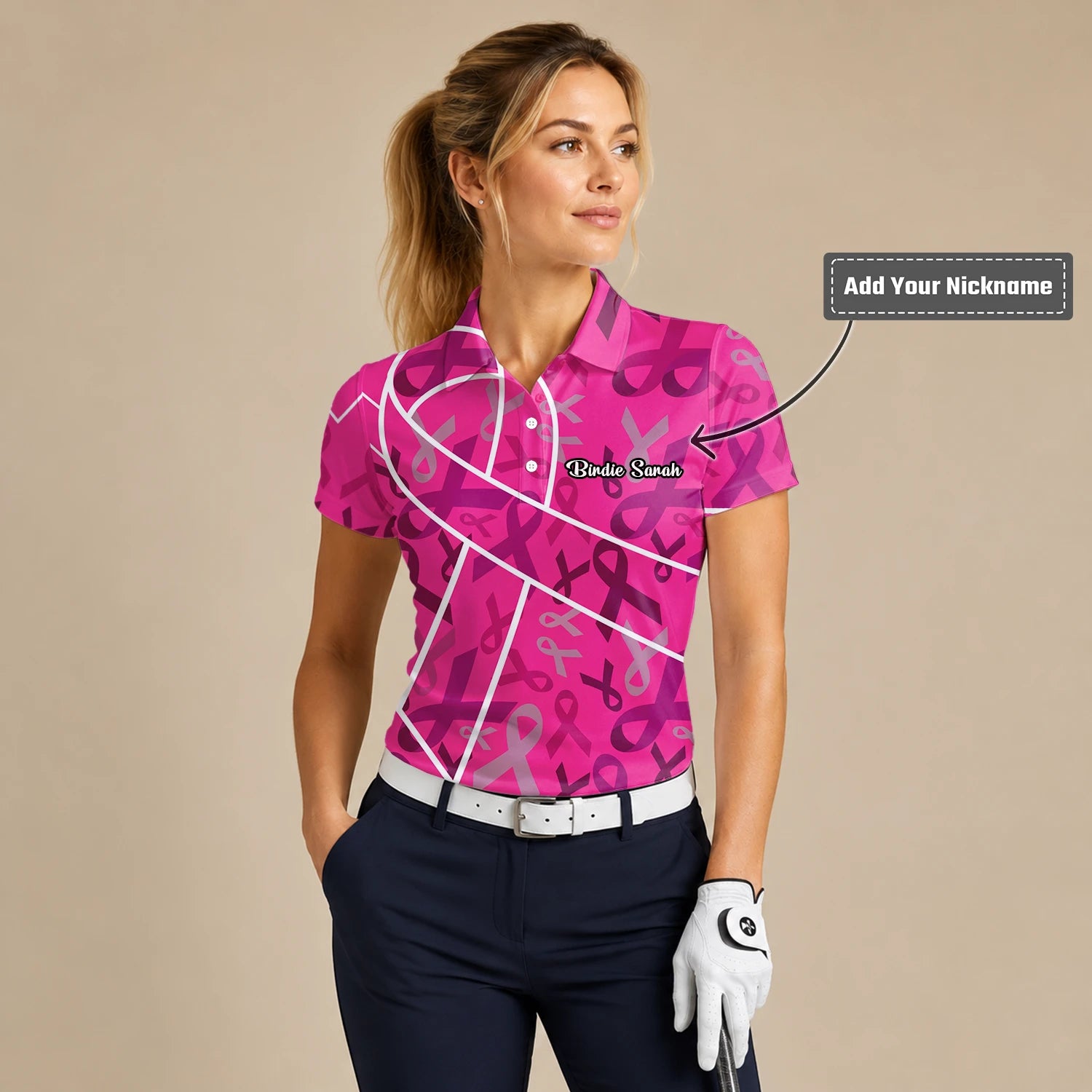 Personalised Pink Breast Cancer Awareness Ribbon Golf Polo Shirt For Women O4093