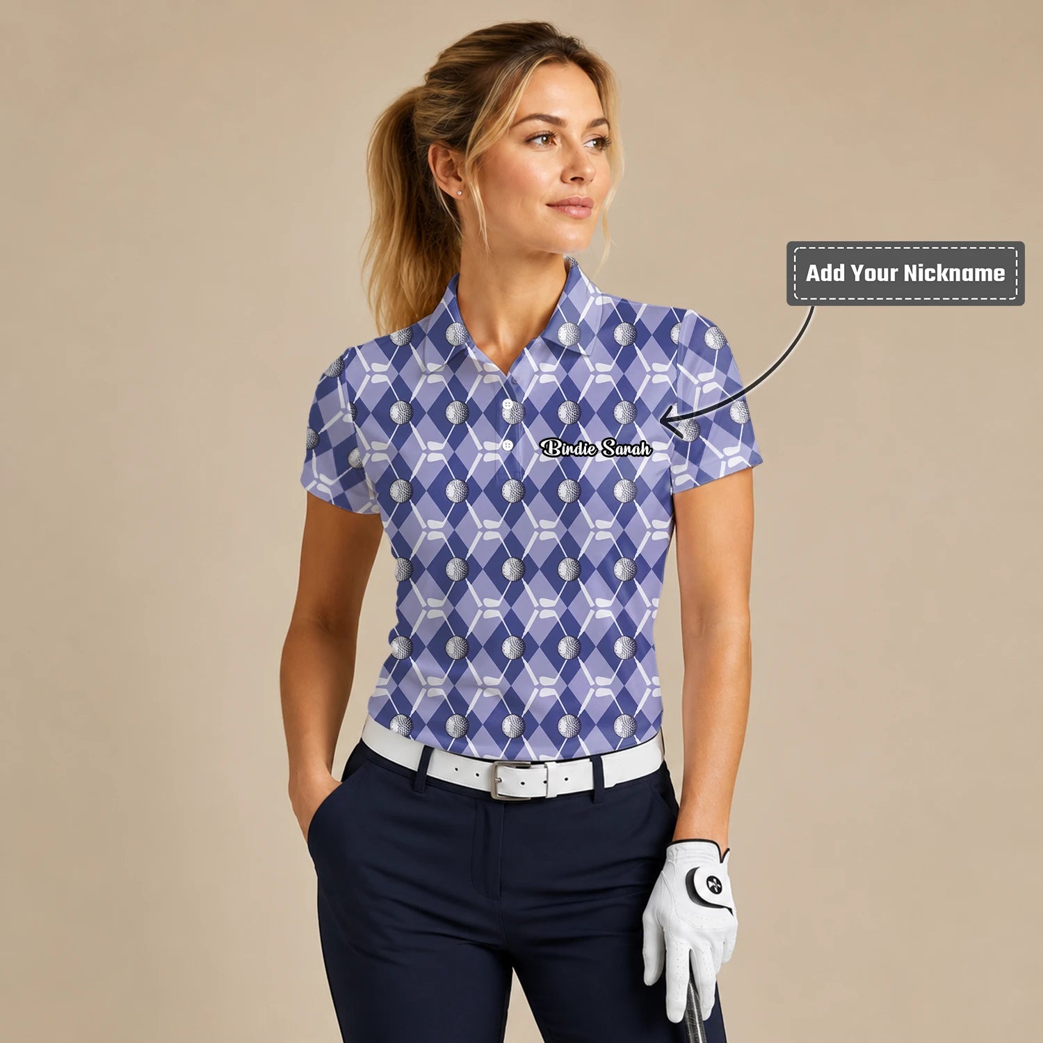 Personalised Blue Argyle Golf Ball Club Golf Polo Shirt For Women F3847