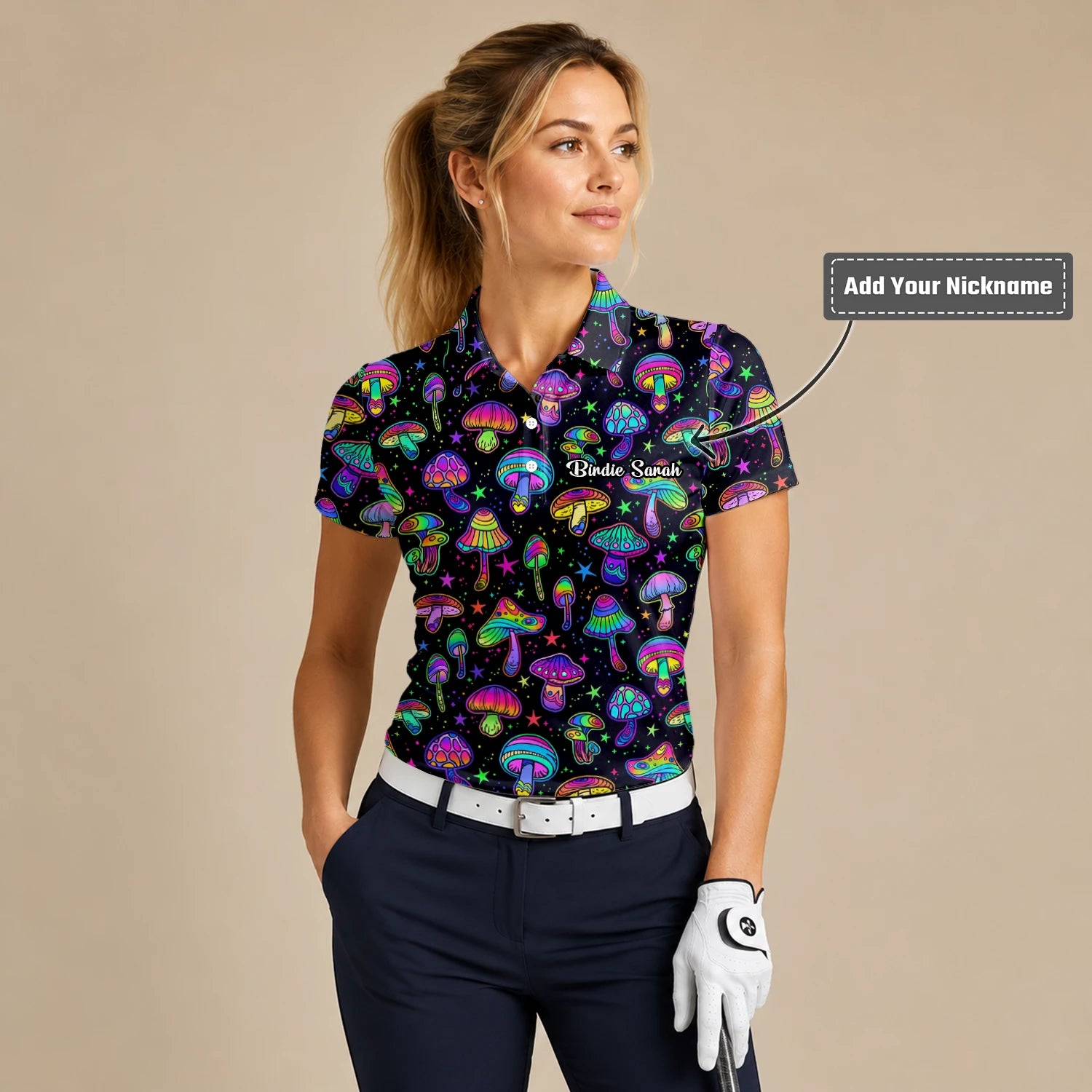 Personalised Black Neon Mushroom Psychedelic Golf Polo Shirt For Women L0182
