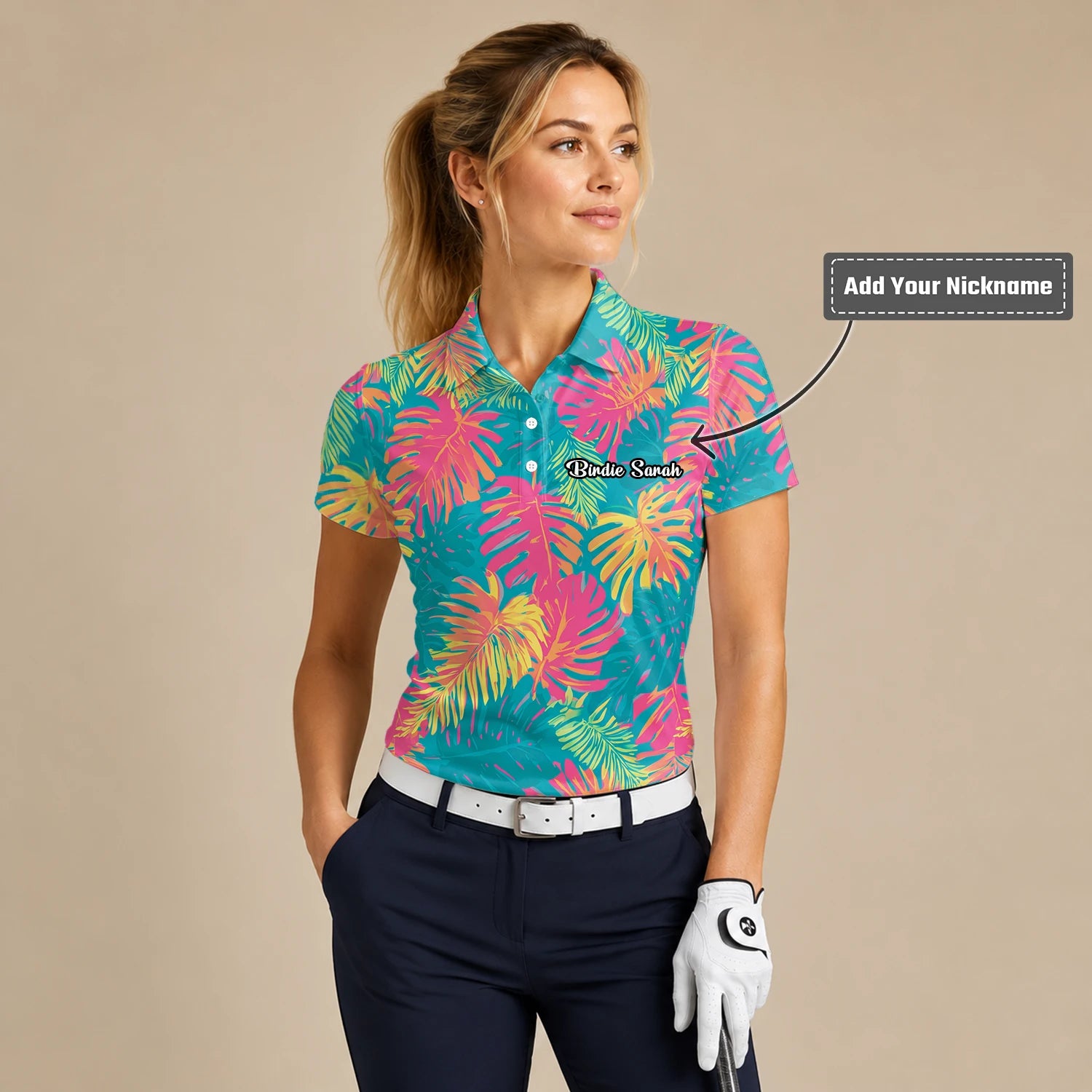 Personalised Teal Coral Tropical Leaf Golf Polo Shirt For Women H8937