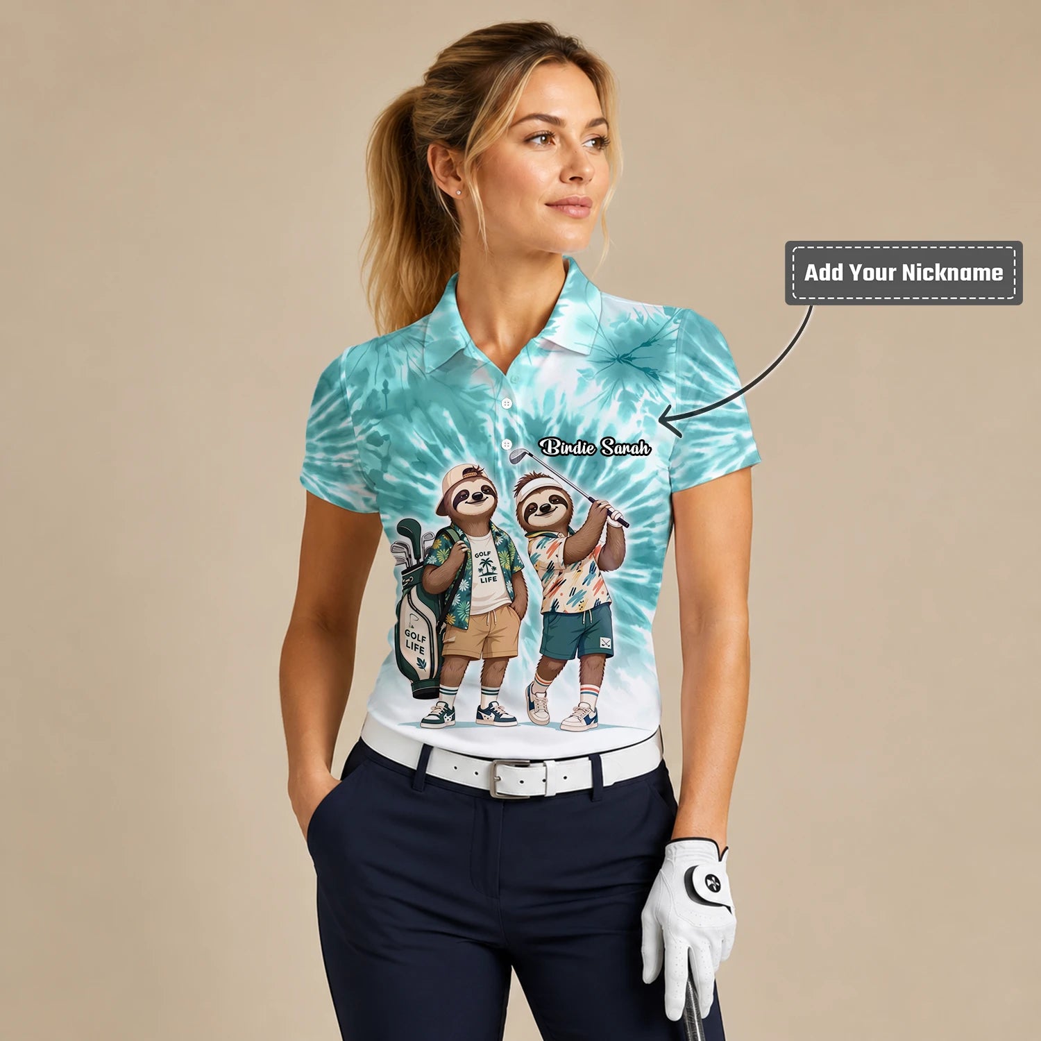 Personalised Turquoise Sloth Golfer Cartoon Golf Polo Shirt For Women C1614