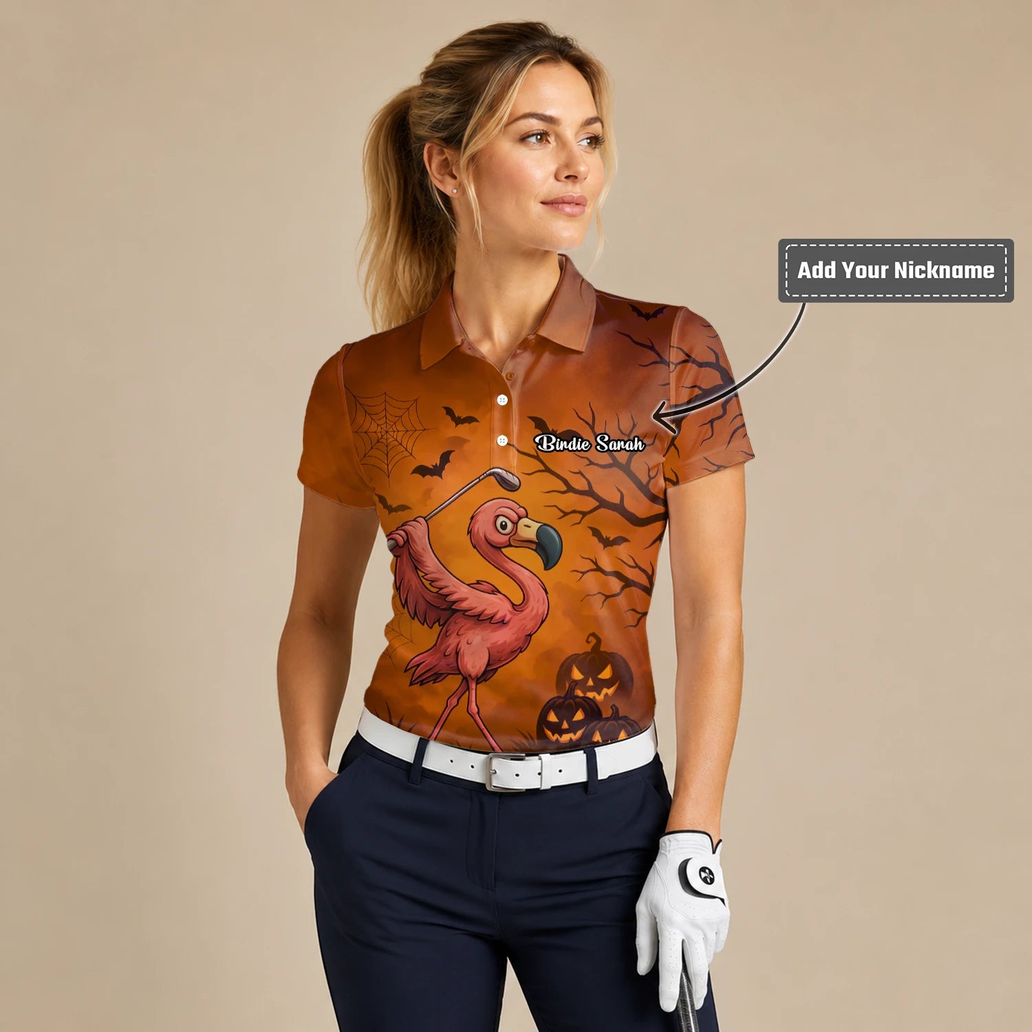 Personalised Orange Halloween Flamingo Golfer Pumpkin Golf Polo Shirt For Women V7072