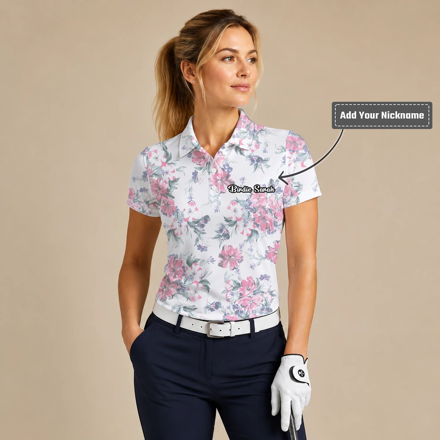 Personalised White Pink Floral Leaf Golf Polo Shirt For Women H5152