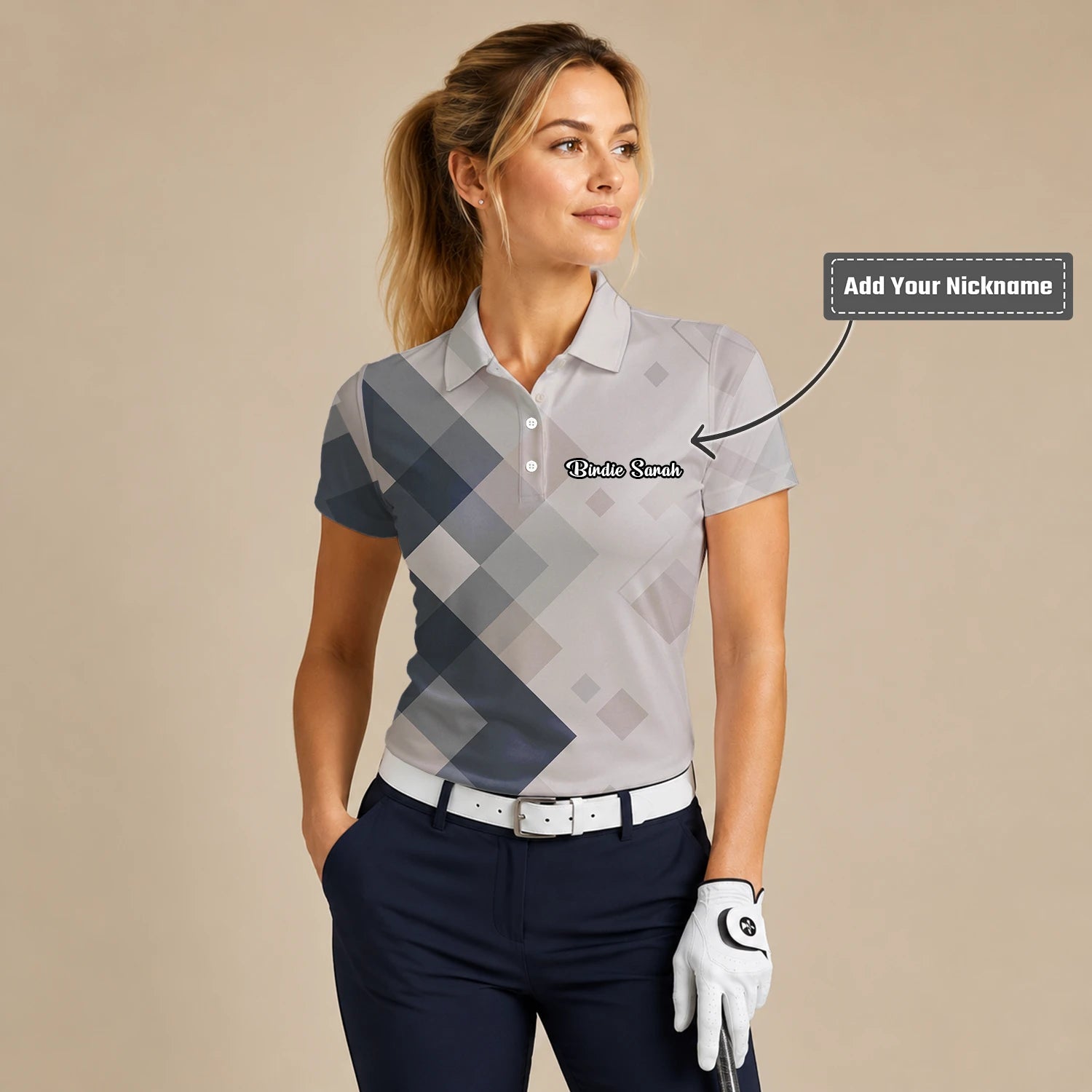 Personalised Beige Grey Argyle Golf Polo Shirt For Women Z6499