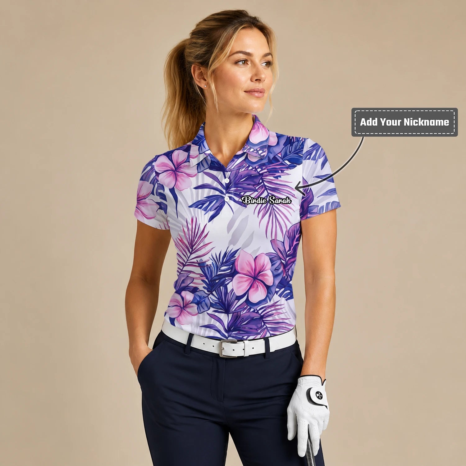 Personalised White Purple Tropical Hibiscus Leaf Golf Polo Shirt For Women H1054