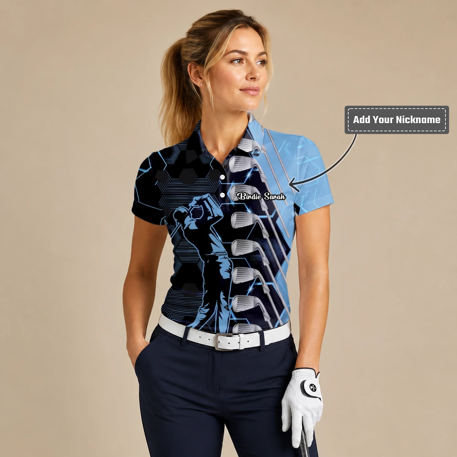 Personalised Black Blue Golfer Golf Club Graphic Golf Polo Shirt For Women J5818