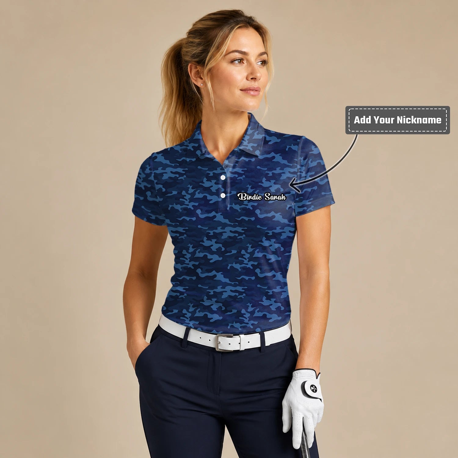 Personalised Navy Blue Camo Golf Polo Shirt For Women L9533