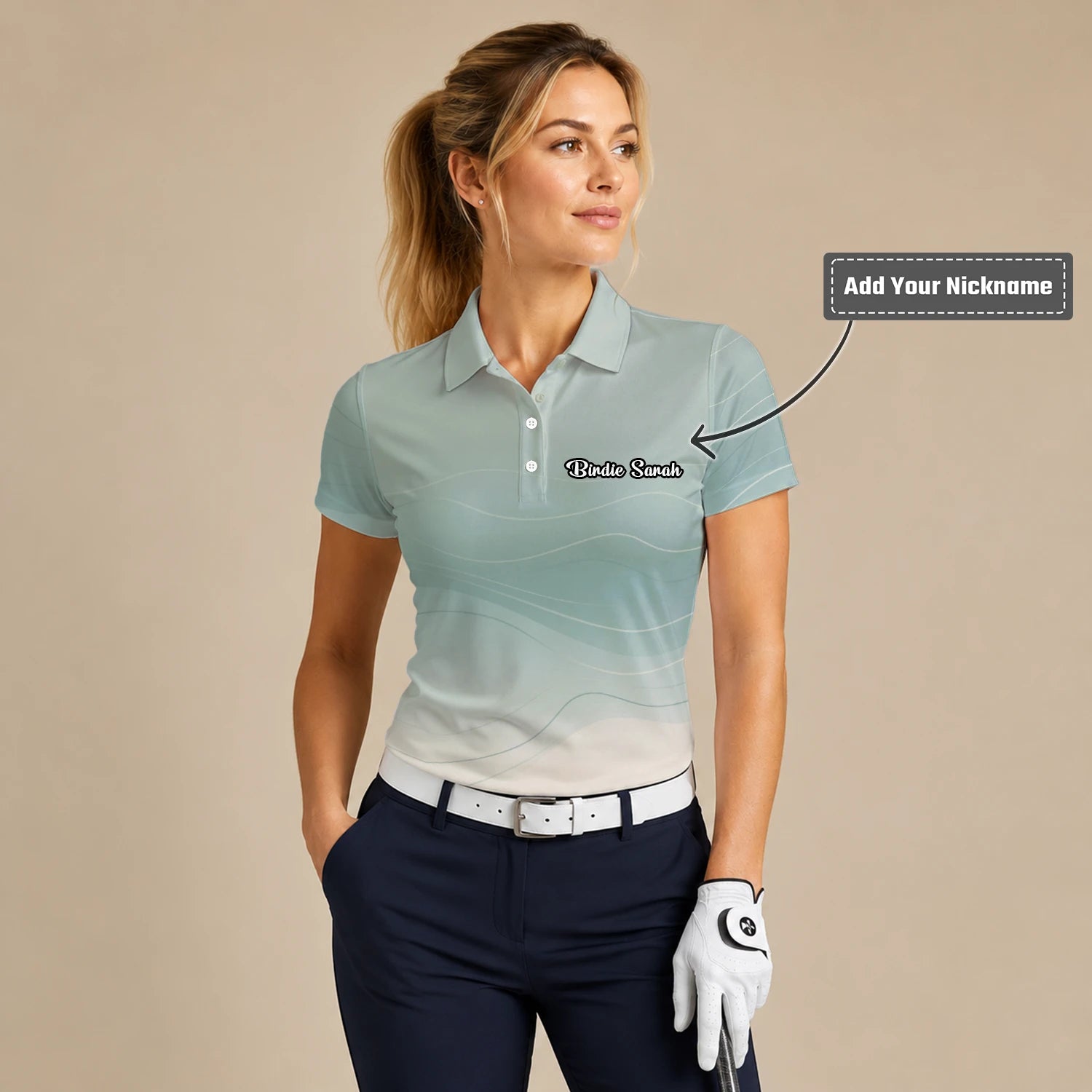 Personalised Sage Green Beige Abstract Wave Golf Polo Shirt For Women X8036