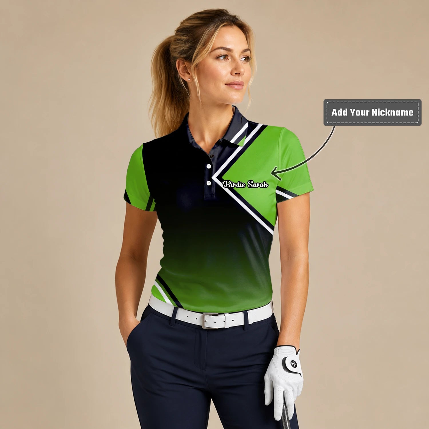 Personalised Black Green Geometric Stripe Golf Polo Shirt For Women V2638