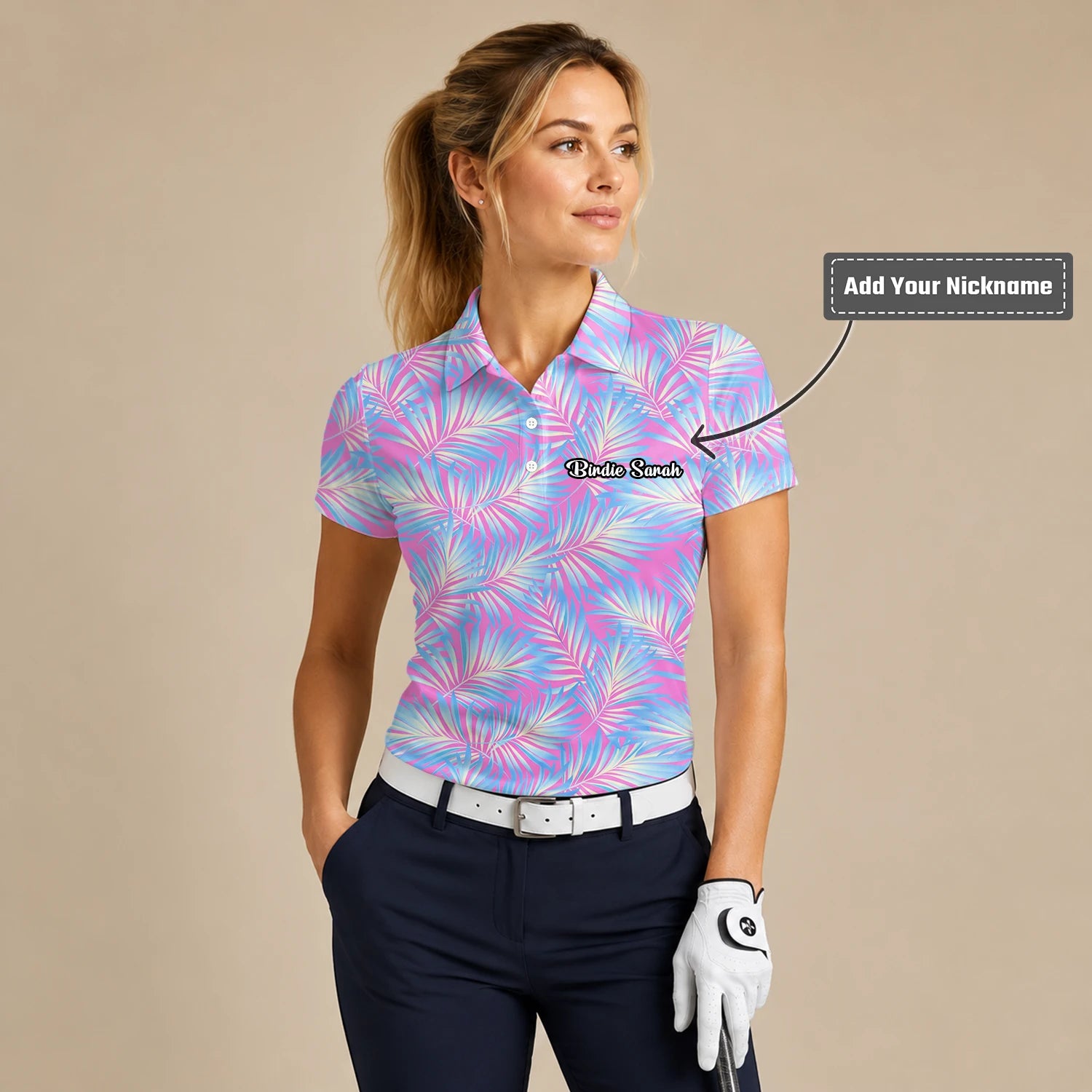 Personalised Pink Blue Palm Leaf Golf Polo Shirt For Women F1458