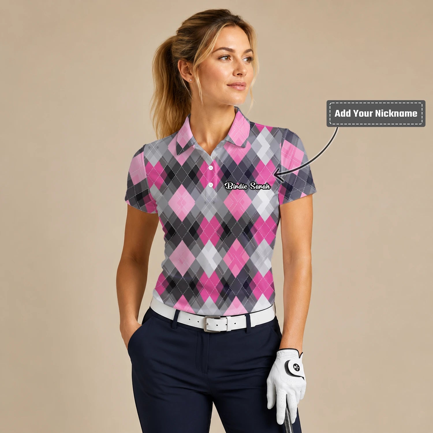 Personalised Pink Grey Argyle Golf Polo Shirt For Women Z9376