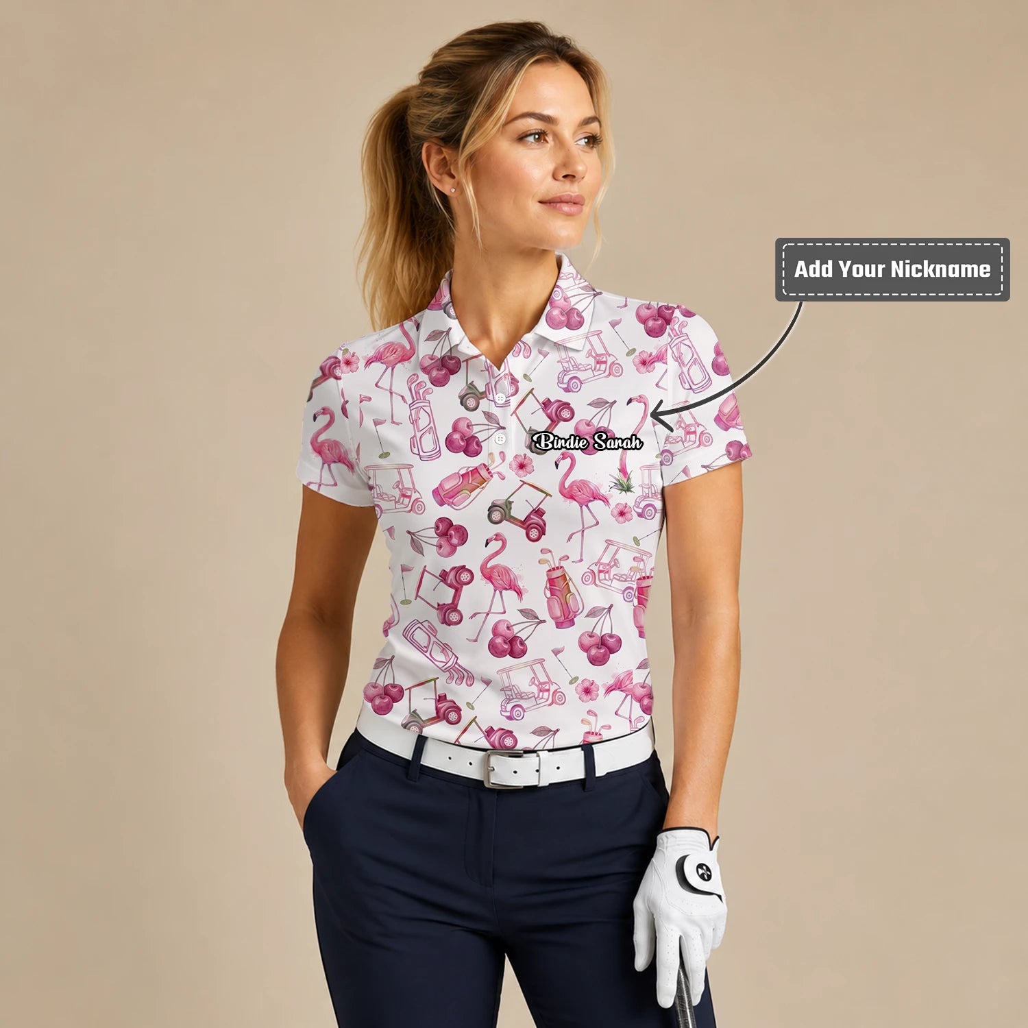 Personalised Cream Pink Flamingo Golf Cart Cocktail Golf Polo Shirt For Women T9296