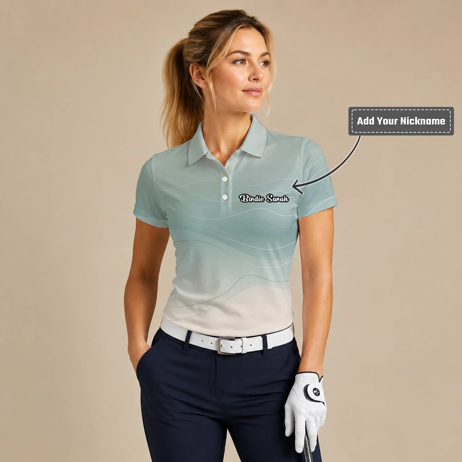 Personalised Sage Green Beige Abstract Wave Golf Polo Shirt For Women X8036