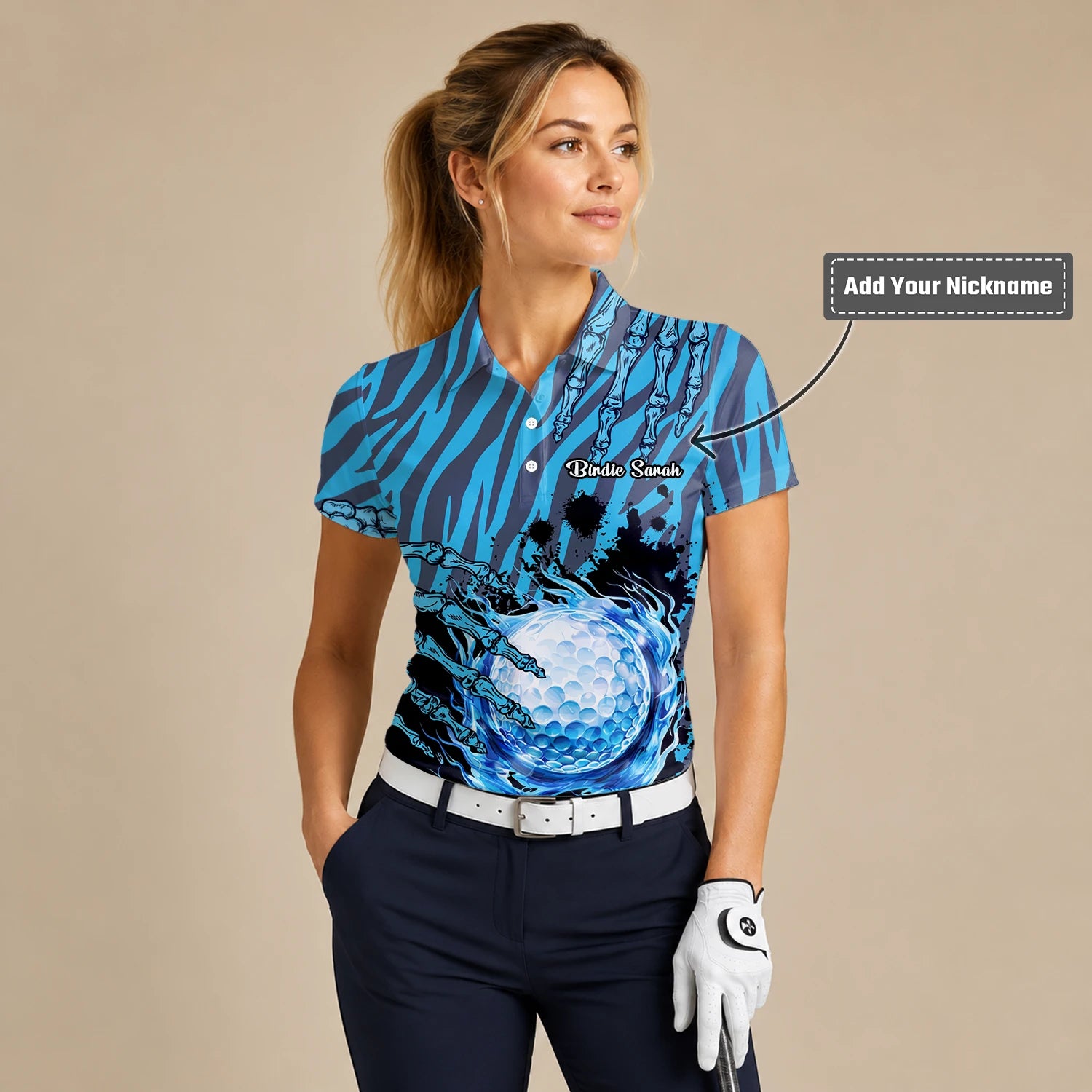 Personalised Blue Black Golf Ball Water Splash Golf Polo Shirt For Women B9791
