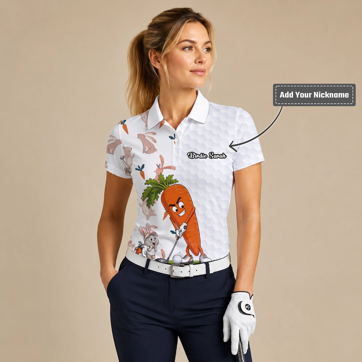 Personalised White Carrot Bunny Golfer Cartoon Golf Polo Shirt For Women Y6359