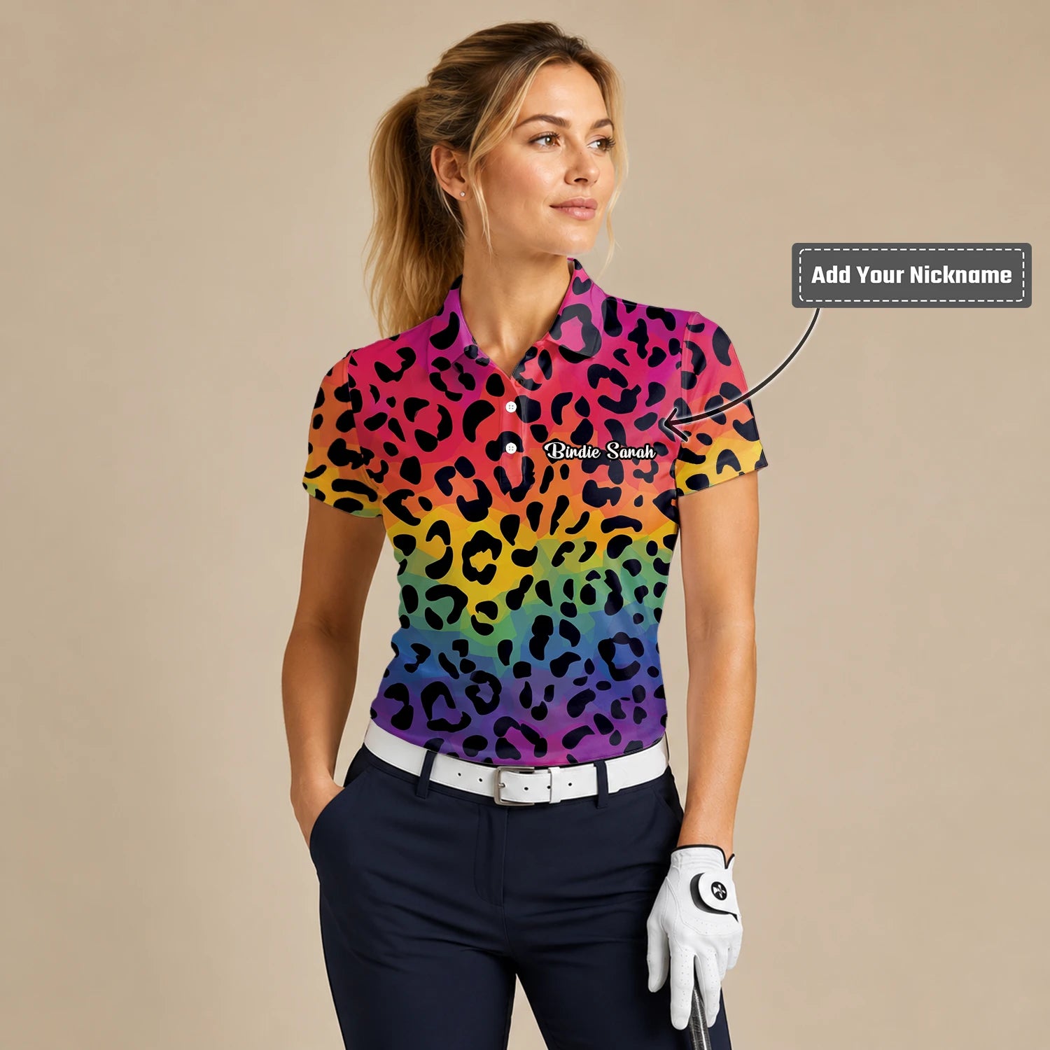 Personalised Rainbow Leopard Print Golf Polo Shirt For Women X1632