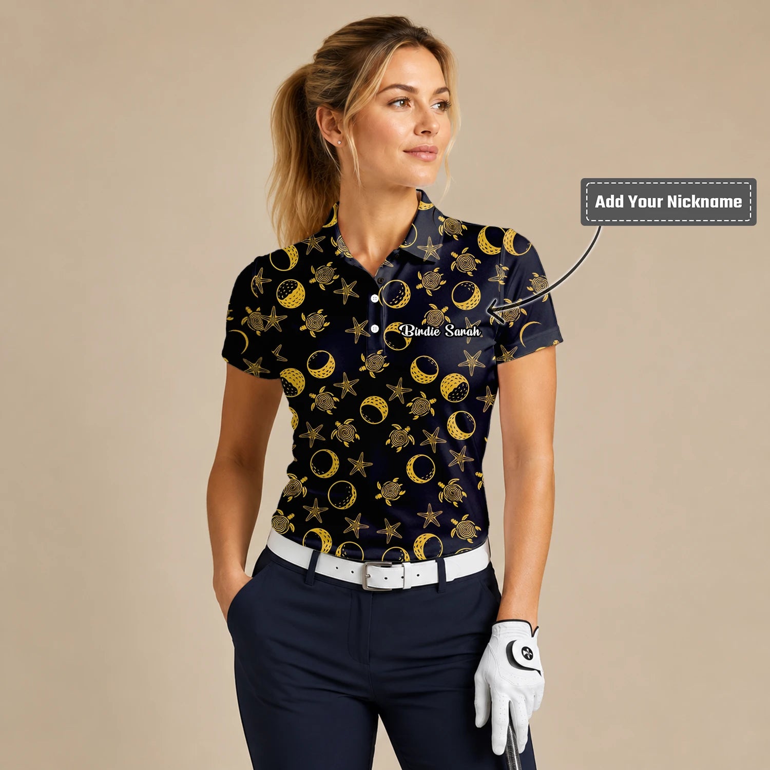 Personalised Black Gold Sea Turtle Moon Star Golf Polo Shirt For Women V4483