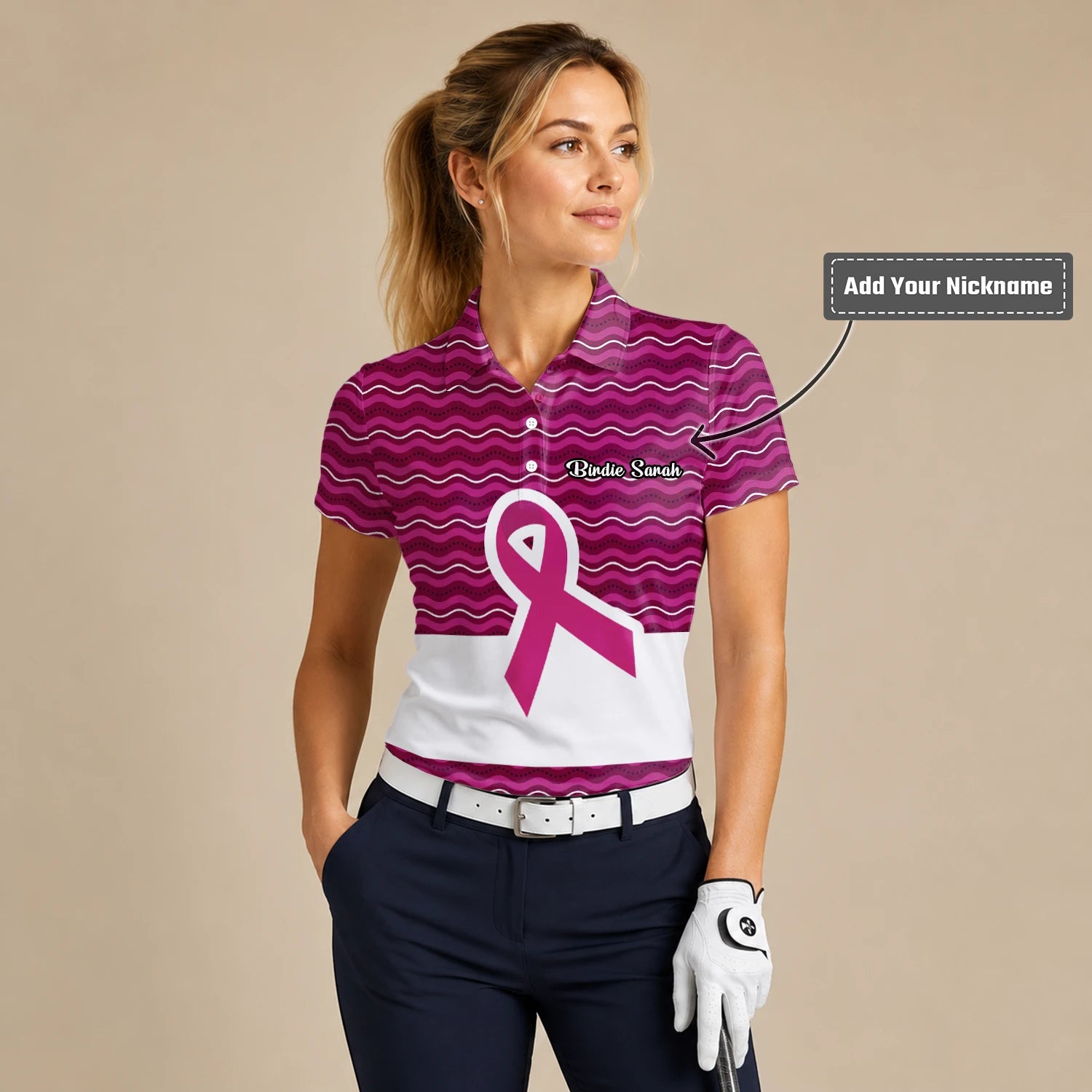 Personalised Pink Breast Cancer Awareness Ribbon Wave Golf Polo Shirt For Women B1640