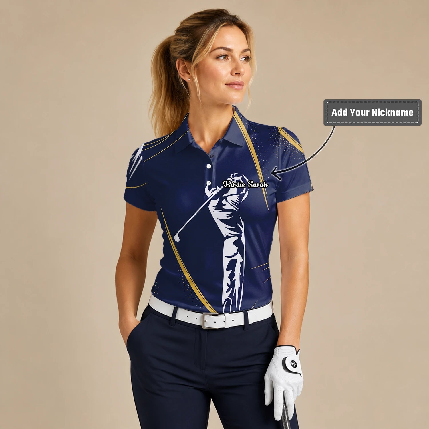 Personalised Navy Gold Golfer Swing Silhouette Golf Polo Shirt For Women A1639