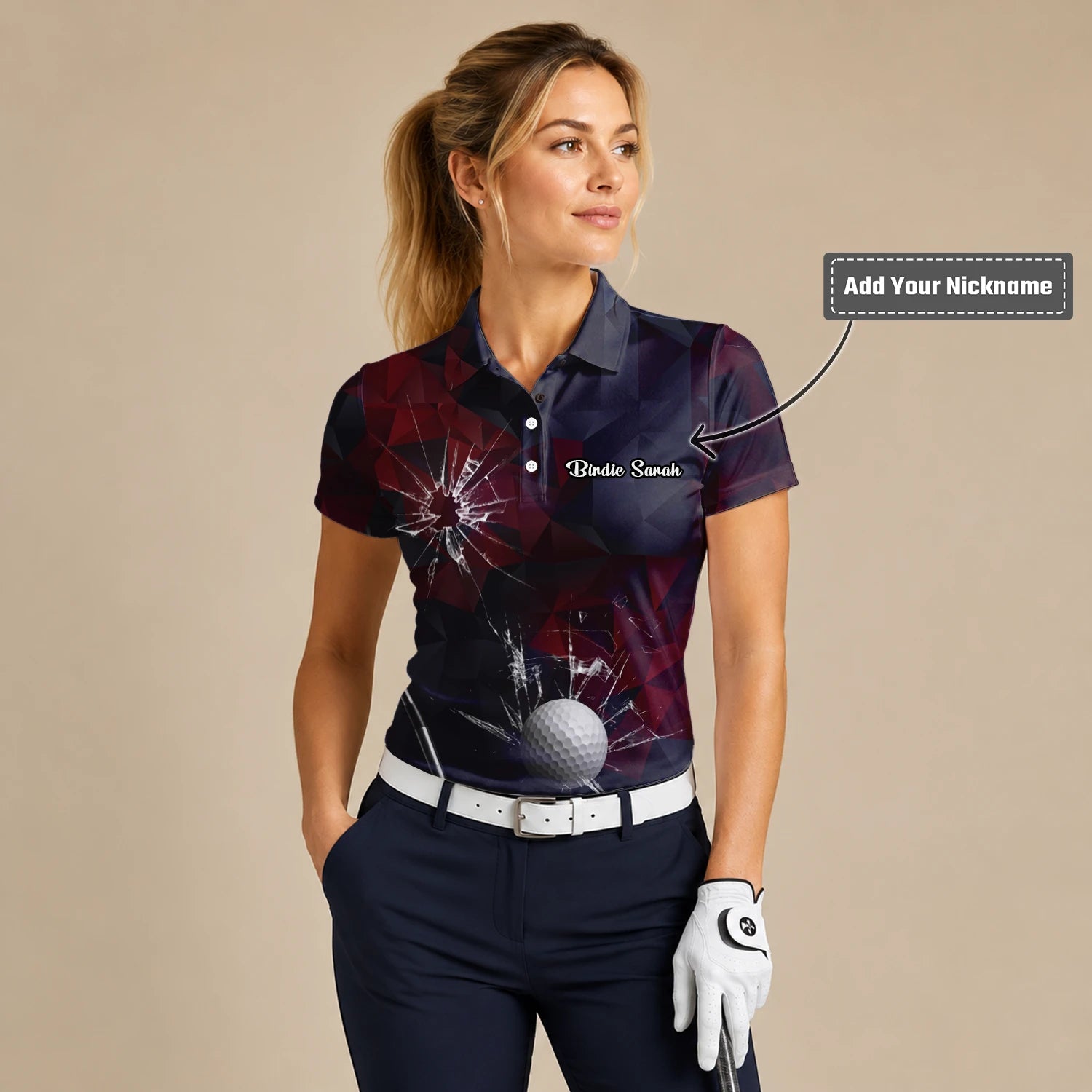 Personalised Black Burgundy Shattered Glass Golf Ball Golf Polo Shirt For Women R4354