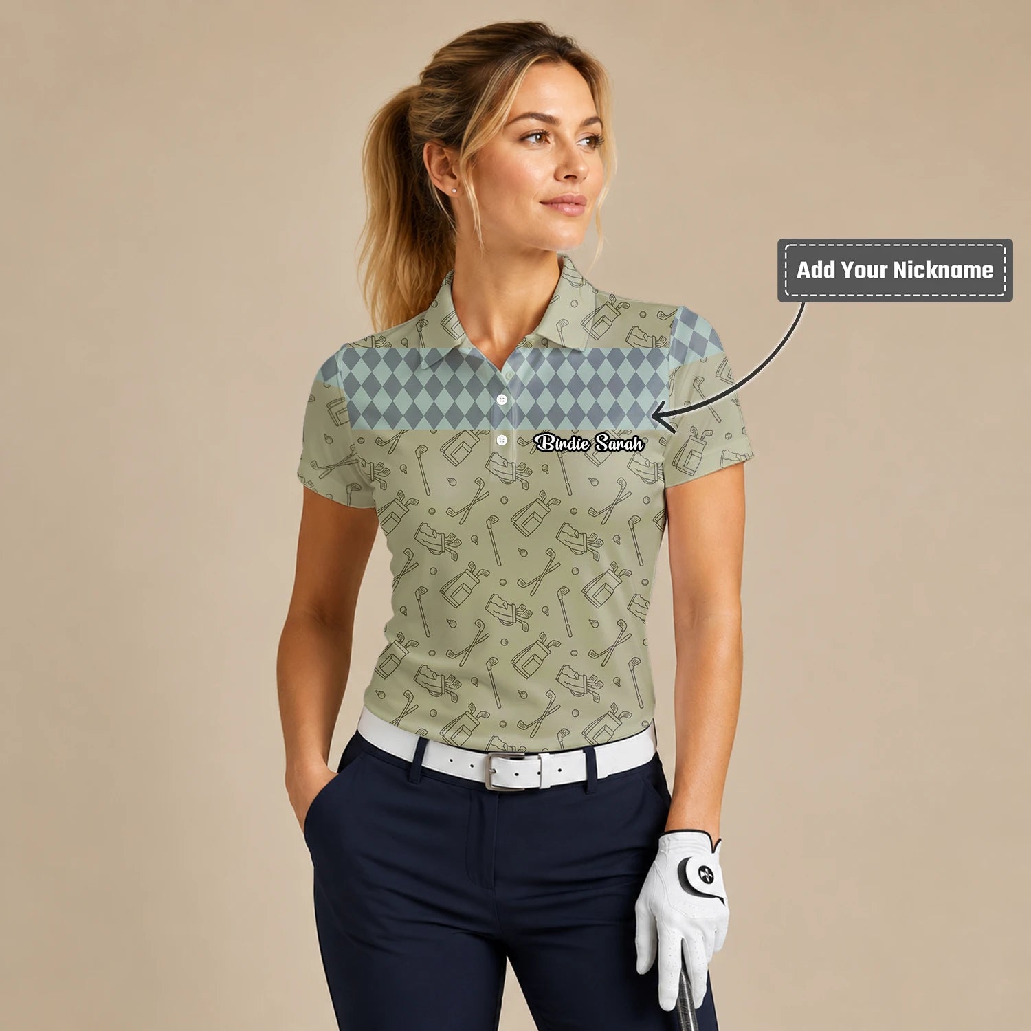 Personalised Khaki Golf Club Sketch Argyle Golf Polo Shirt For Women K5983