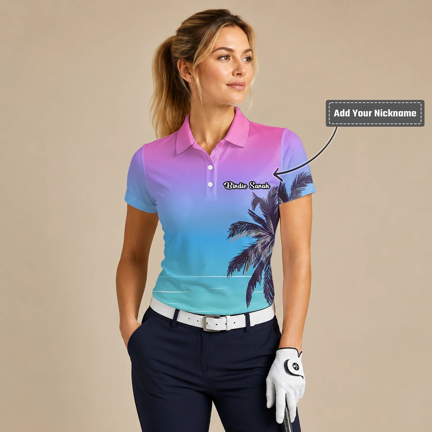 Personalised Pink Blue Palm Beach Sunset Golf Polo Shirt For Women Q3519