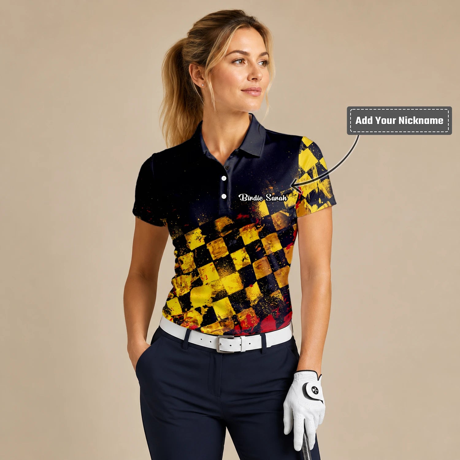 Personalised Black Yellow Red Grunge Checkerboard Golf Polo Shirt For Women R0396