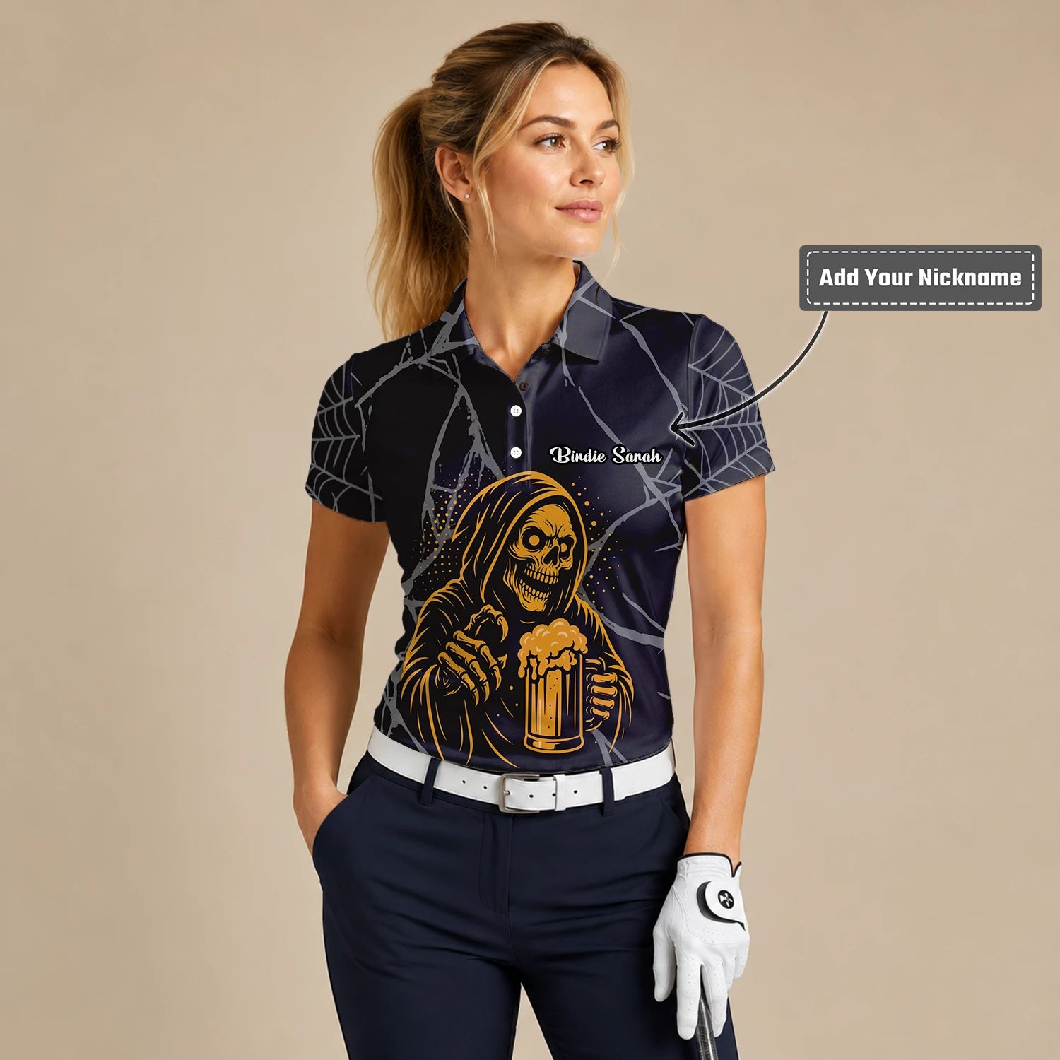 Personalised Black Gold Grim Reaper Beer Golf Polo Shirt For Women J8667