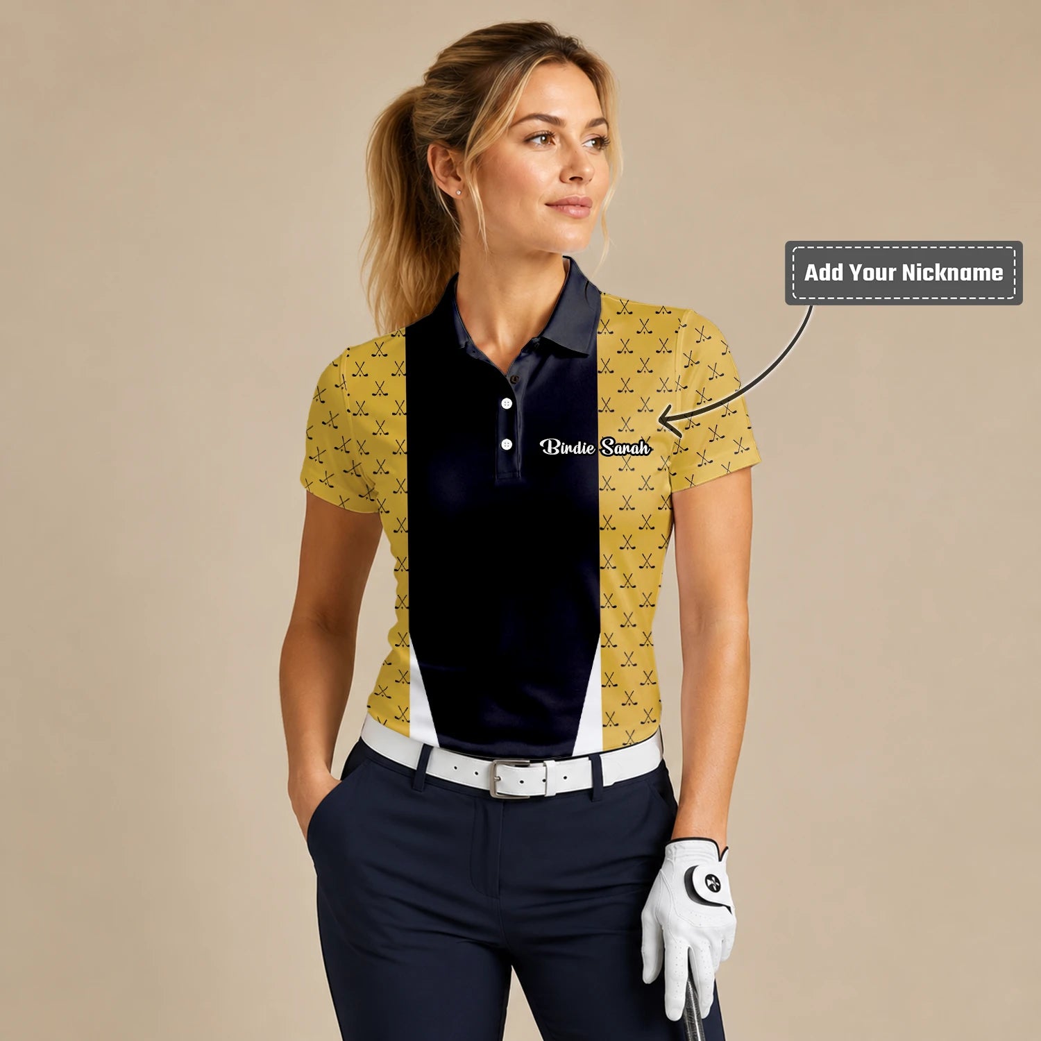 Personalised Black Gold Golf Club Pattern Stripe Golf Polo Shirt For Women B5489
