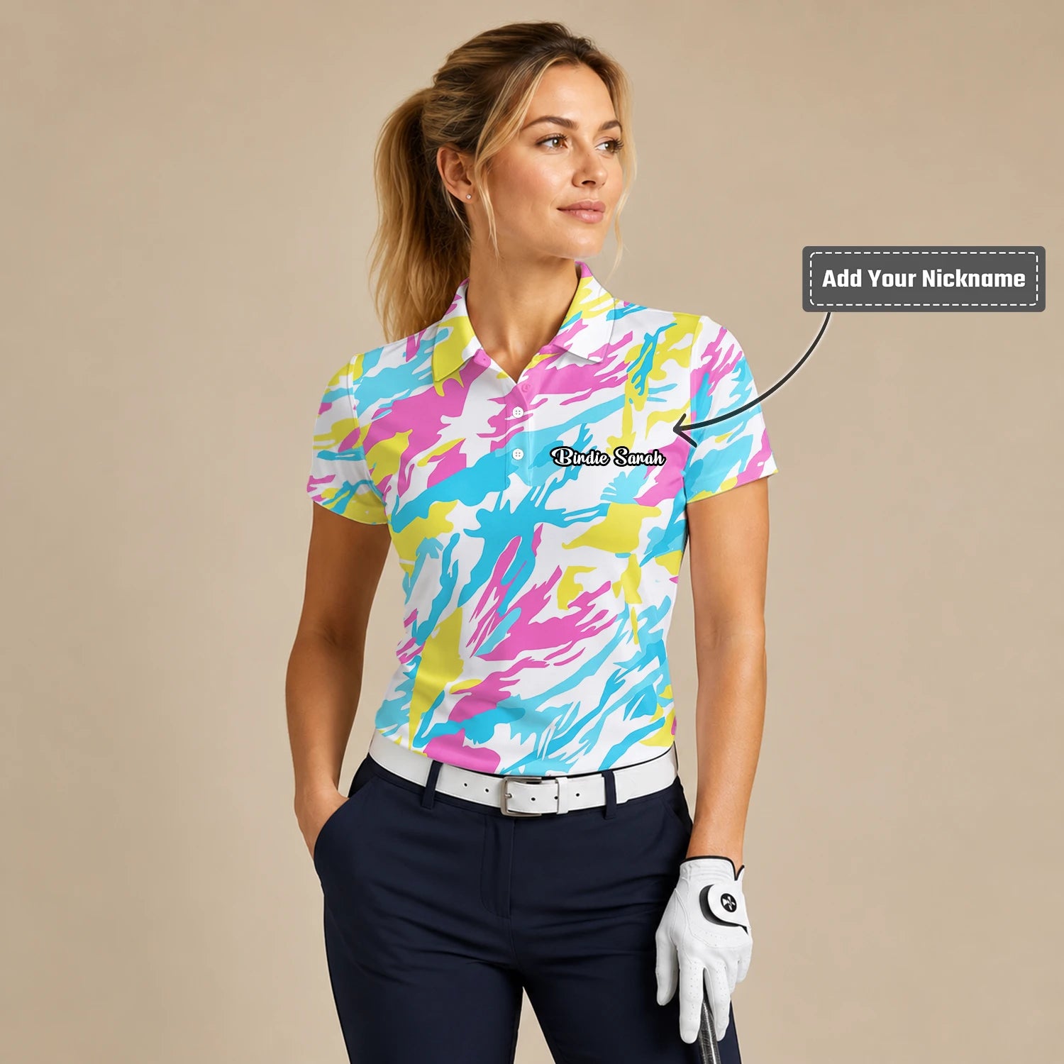 Personalised Pastel Rainbow Camo Golf Polo Shirt For Women F0280