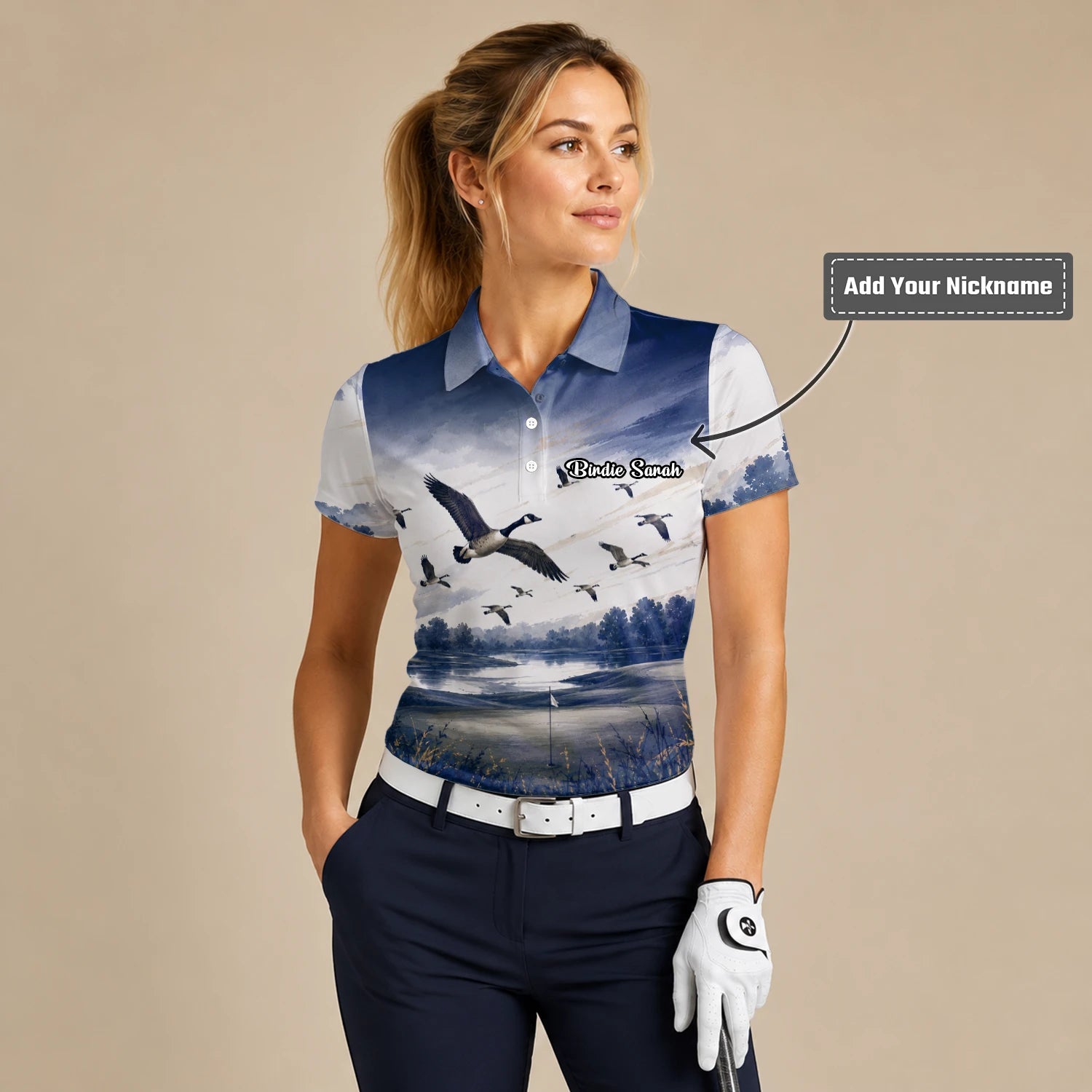 Personalised Dark Navy Watercolour Canada Geese Golf Polo Shirt For Women L8594
