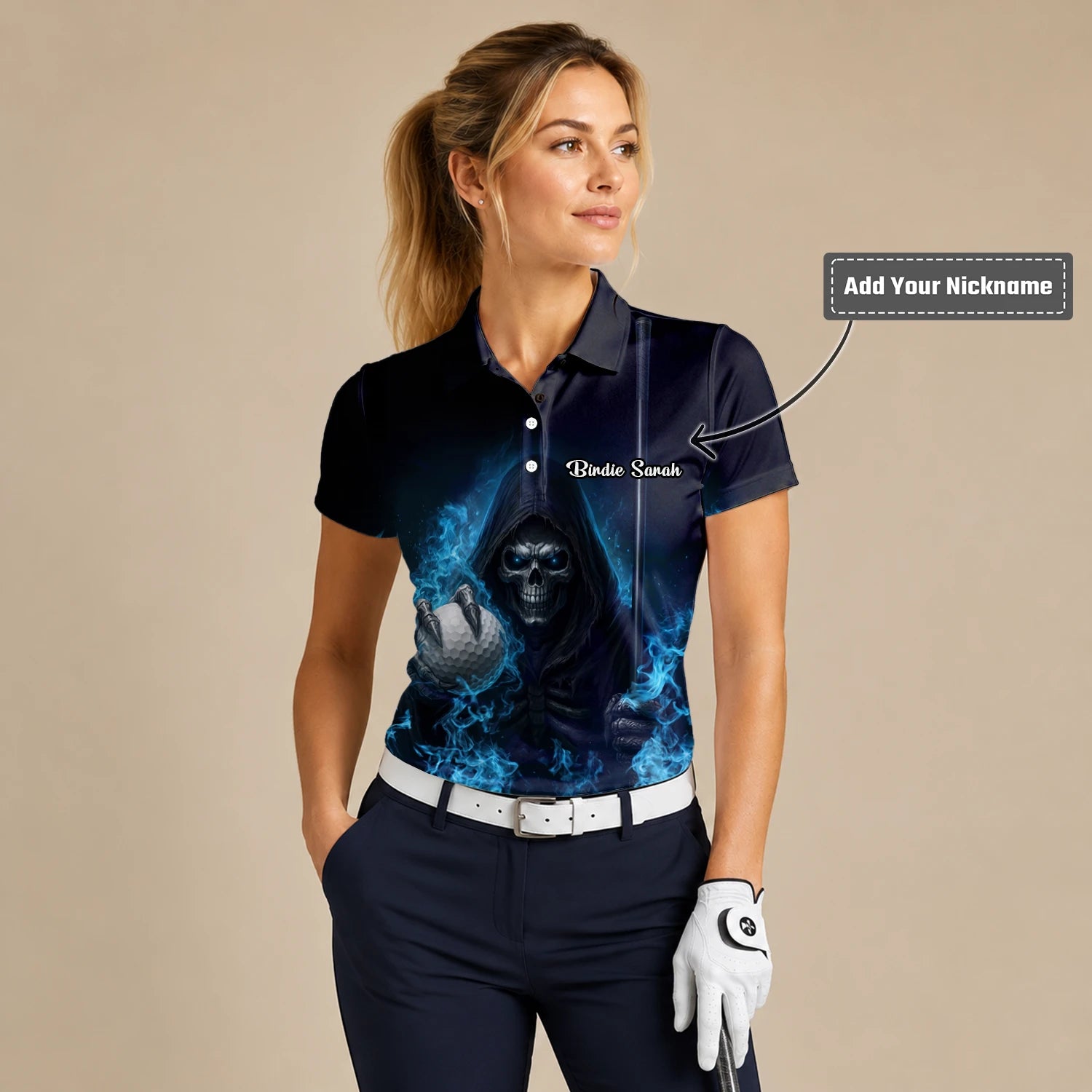 Personalised Black Blue Skull Golf Ball Lightning Golf Polo Shirt For Women N0793