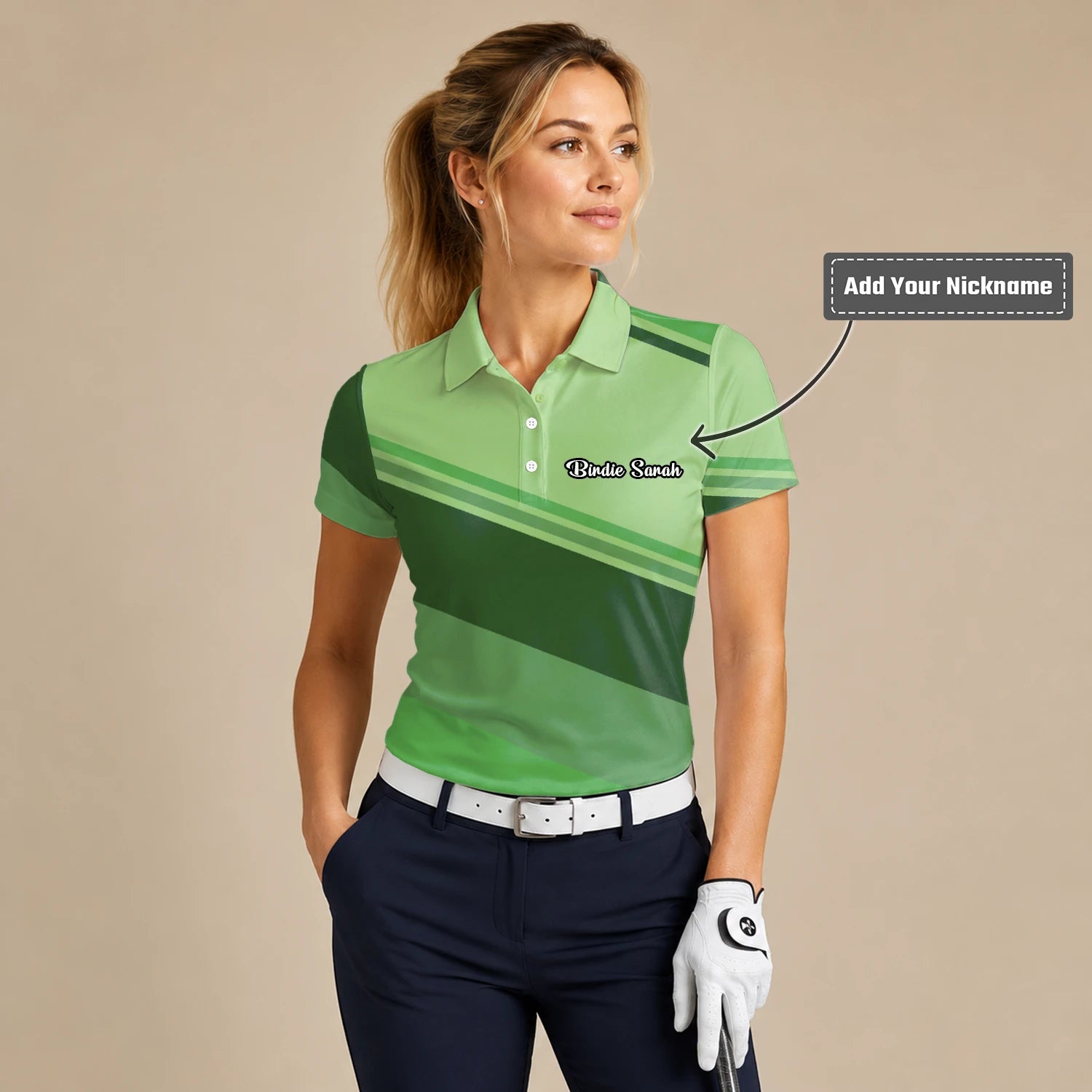 Personalised Light Green Geometric Stripe Golf Polo Shirt For Women S1599