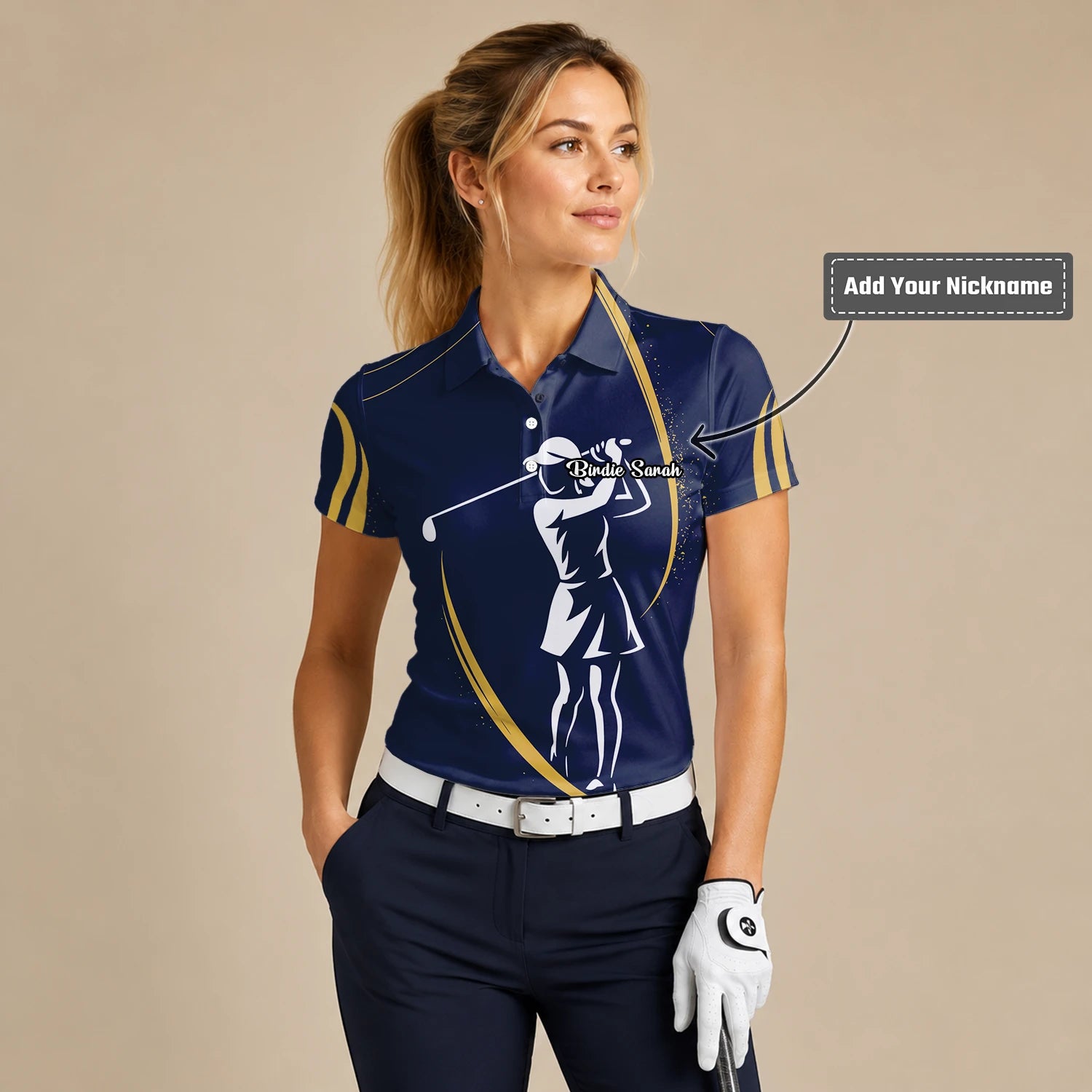 Personalised Navy Gold Golfer Silhouette Golf Polo Shirt For Women K0906