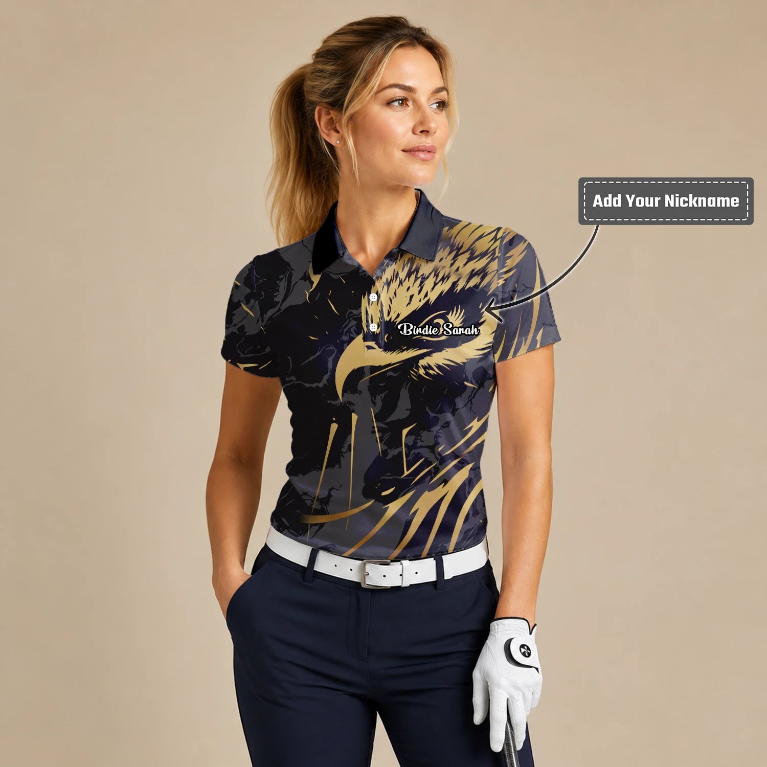 Personalised Black Gold Eagle Feather Golf Polo Shirt For Women F0802