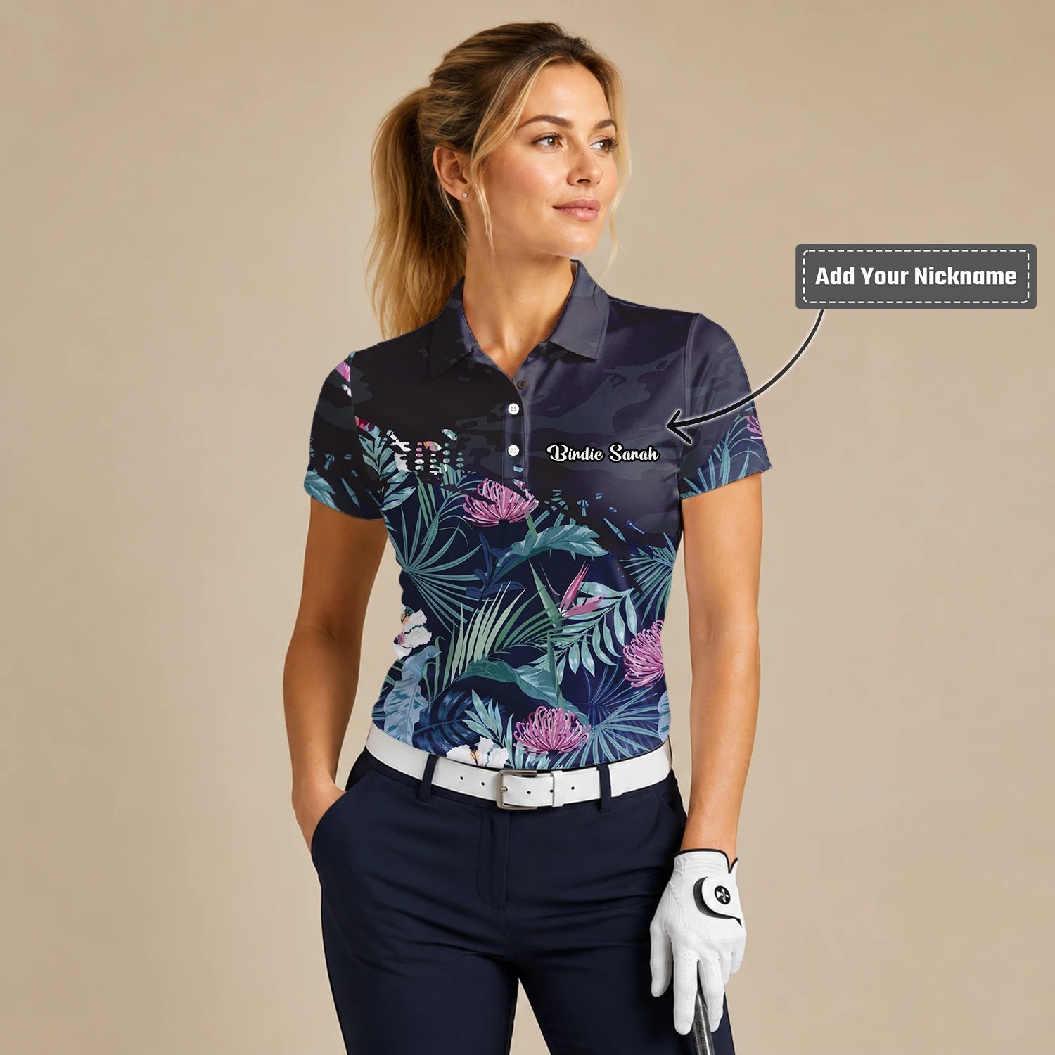 Personalised Navy Tropical Floral Leaf Golf Polo Shirt For Women N4110