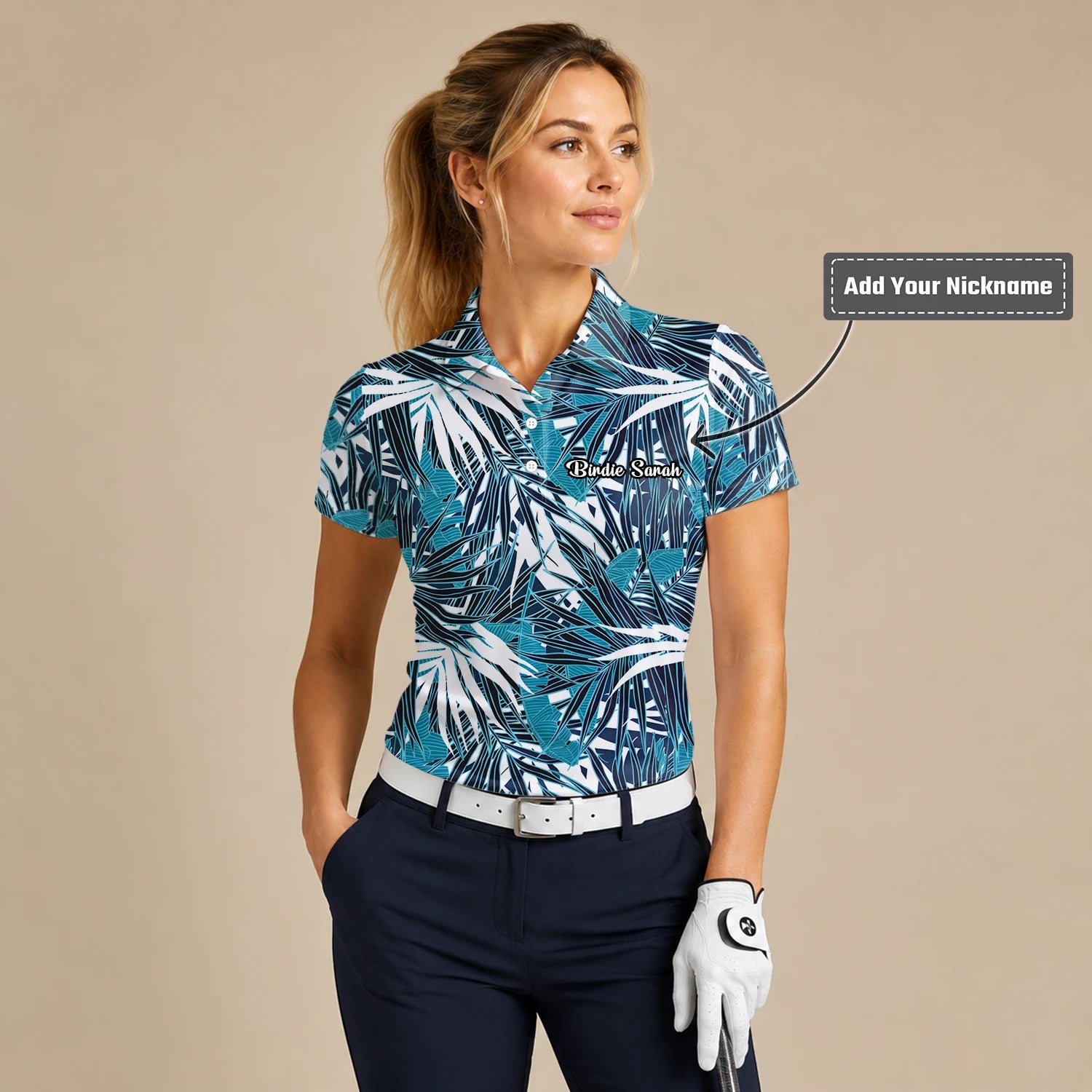 Personalised Teal Black White Palm Leaf Golf Polo Shirt For Women S8543