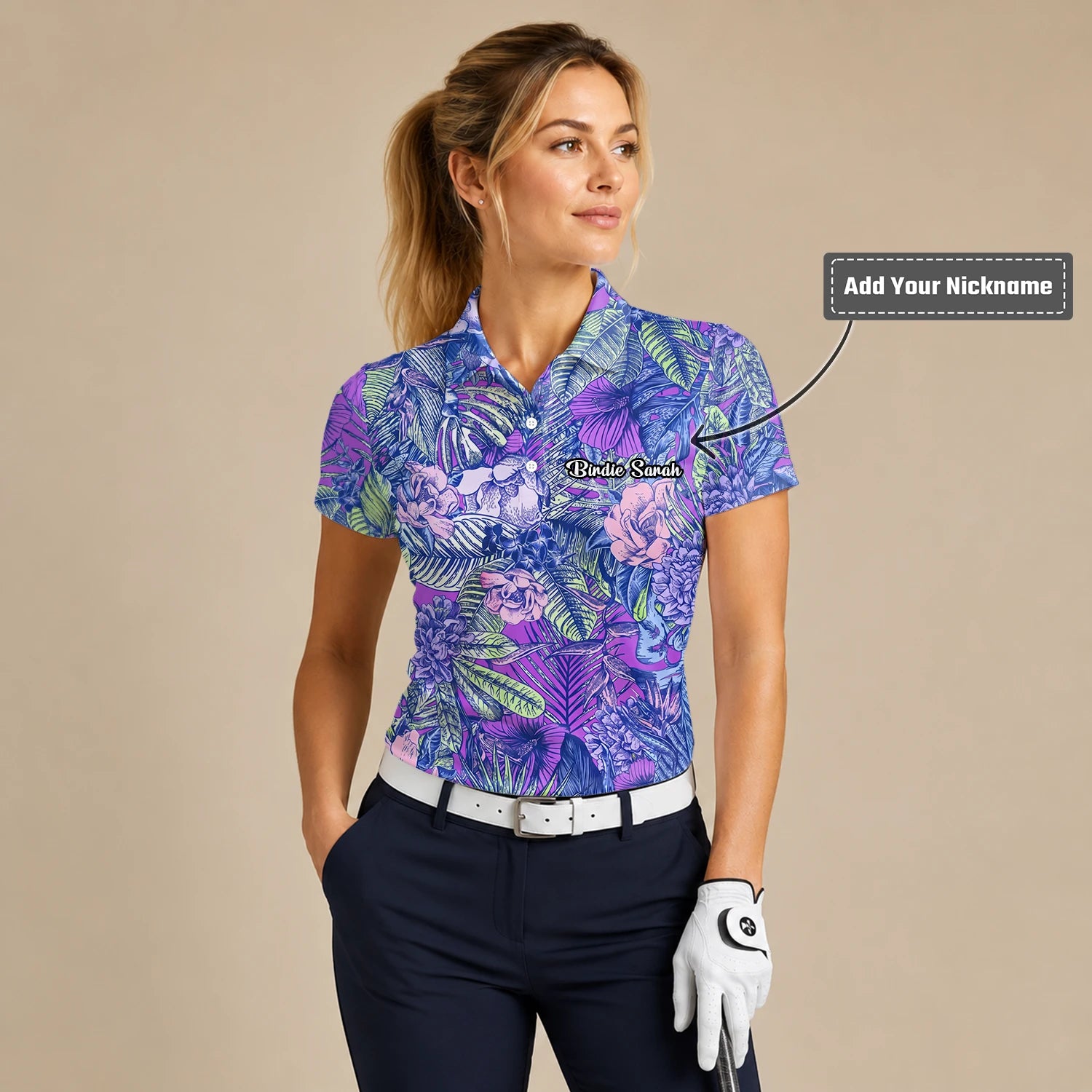 Personalised Purple Blue Tropical Floral Leaf Golf Polo Shirt For Women B8037