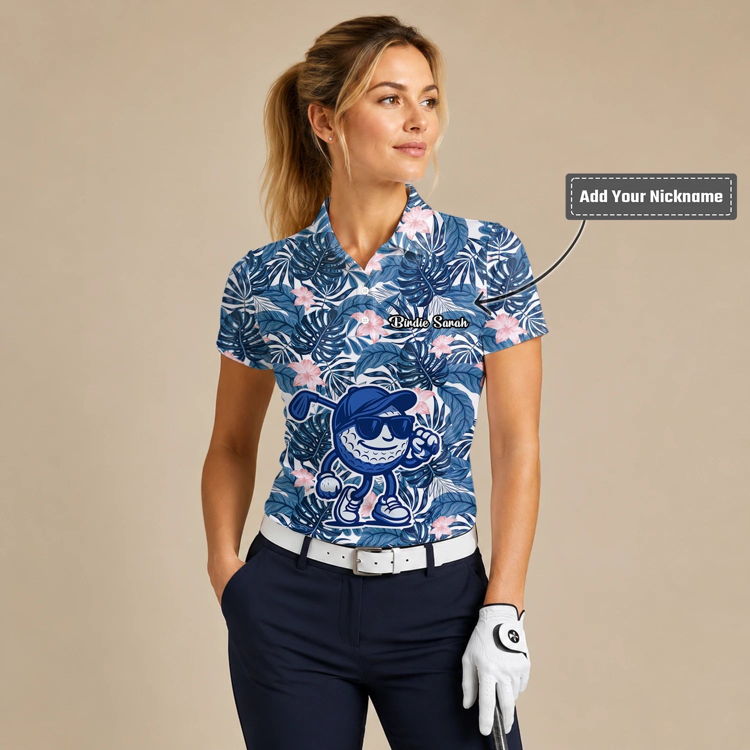 Personalised Navy Tropical Leaf Golf Ball Cartoon Golf Polo Shirt For Women I7191
